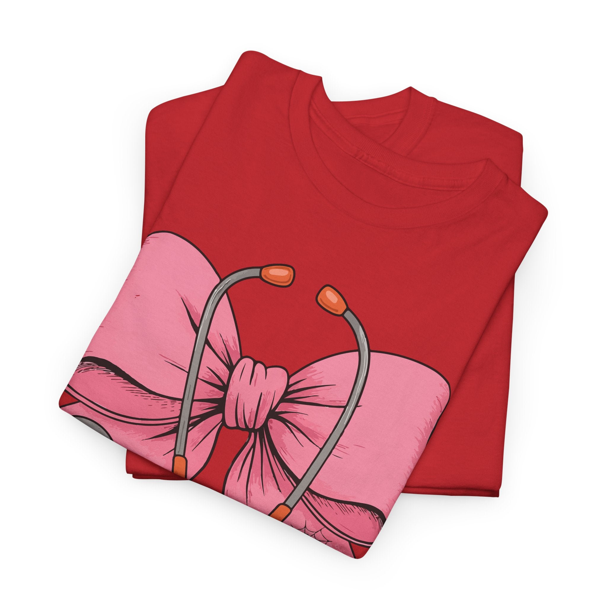 Halloween Nurse T‑Shirt — Pink Nurse Bow with Stethoscope, Syringes & Spider Webs..Unisex Cotton Tee
