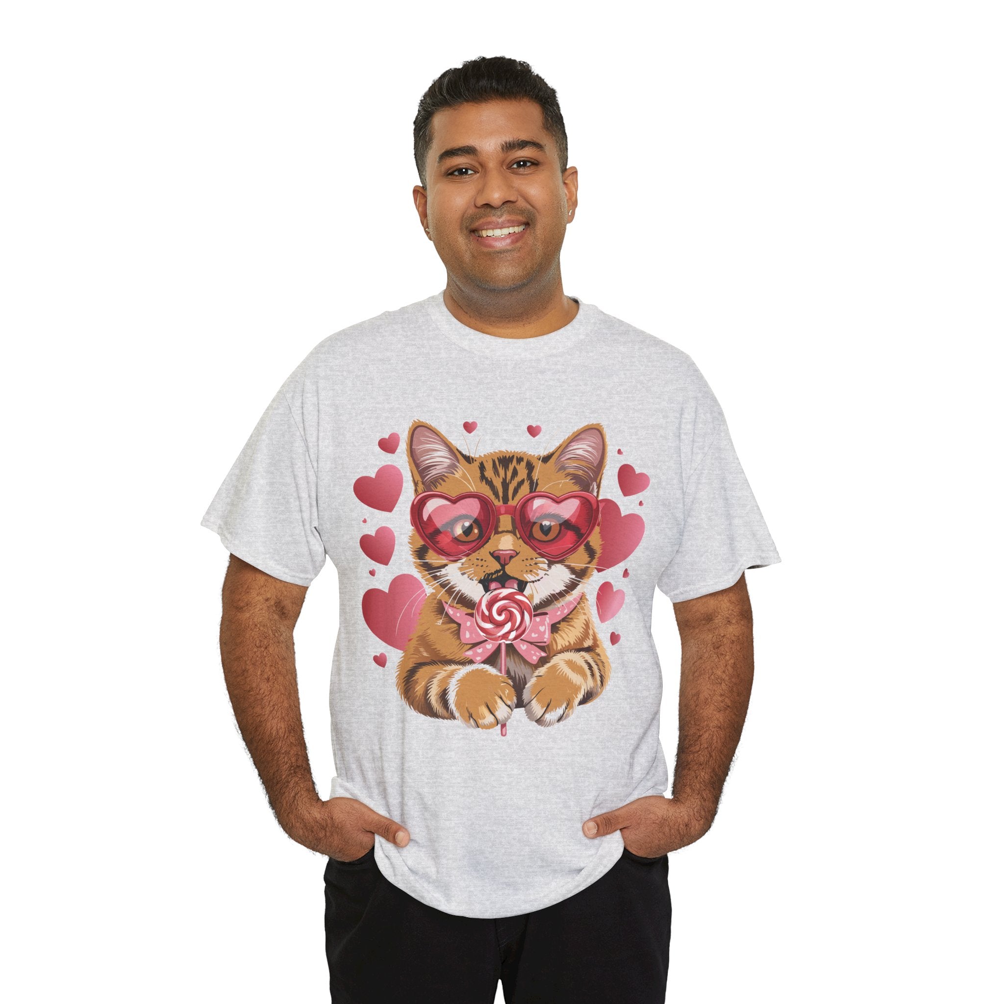 Valentine Cat Tee — Heart Glasses, Lollipop Bow Unisex Cotton Tee