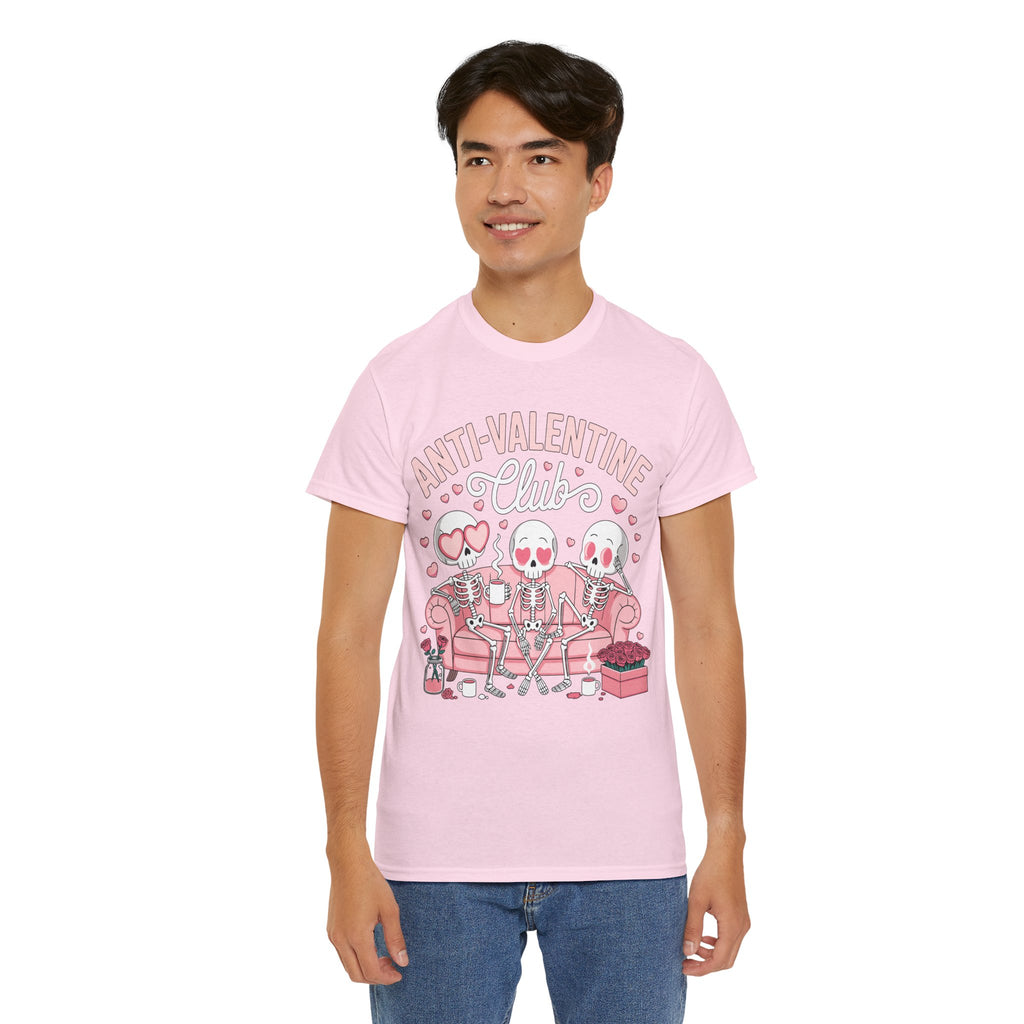 Anti-Valentine Club Skeleton Tee — Anti-Romance Pink Couch Graphic Unisex Cotton T-Shirt