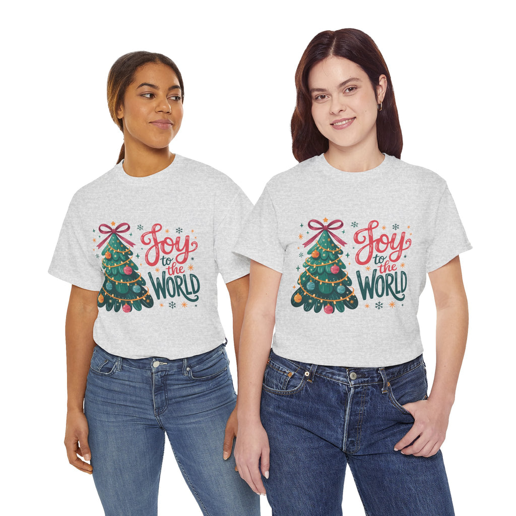 Joy to the World Christmas Tee — Festive Tree with Pink Bow..Unisex Cotton Tee