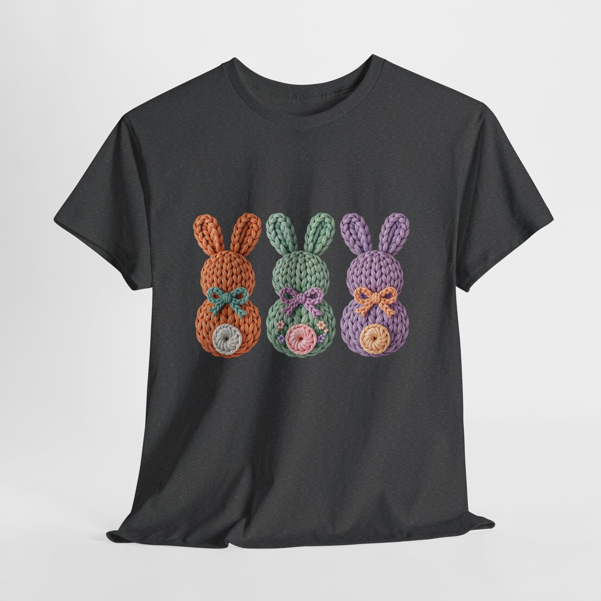 Pastel Crochet Bunny Tee — Trio of Faux Knit Bunnies with Bows & Flowers Unisex Cotton Tee