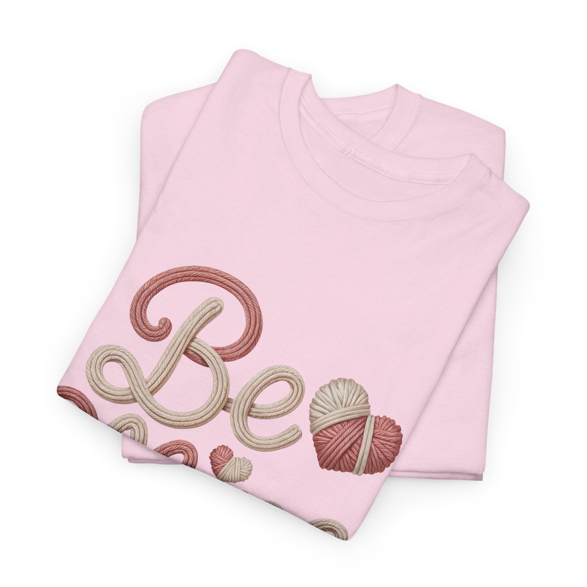 Be Mine Yarn Heart T-Shirt — Valentine’s Faux-Yarn Pink & Cream Unisex Cotton Tee