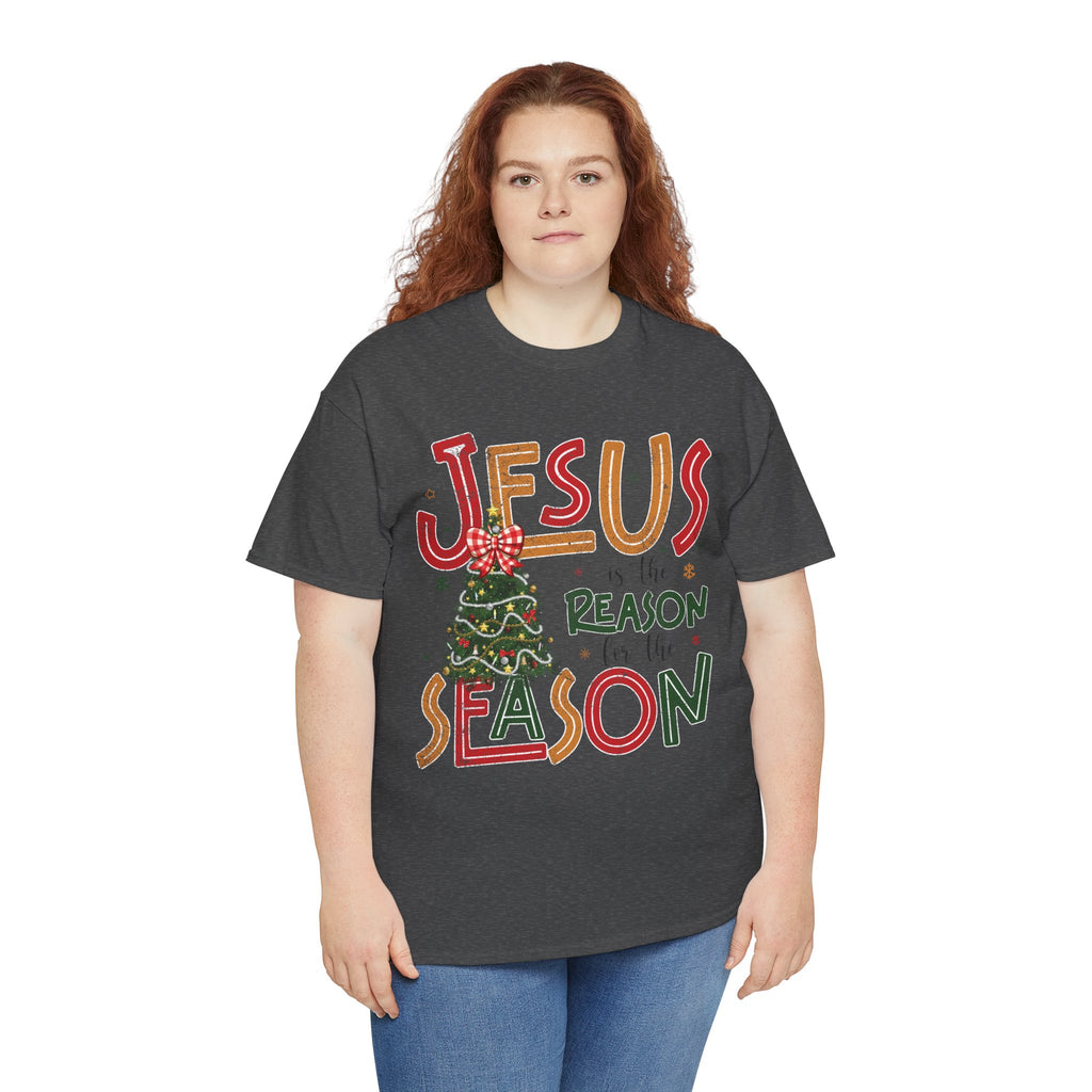 Jesus Is the Reason for the Season Christmas T-Shirt — Plaid Bow Tree..Unisex Cotton Tee