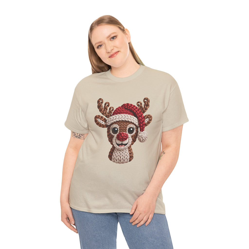Reindeer in Santa Hat Cotton Tee — Joyful Faux-Yarn Holiday Unisex Coton T-Shirt