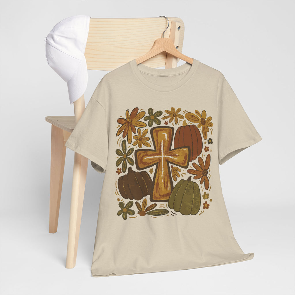 Autumn Cross Tee — Rustic Pumpkin & Fall Floral Christian Unisaex Cotton T-Shirt