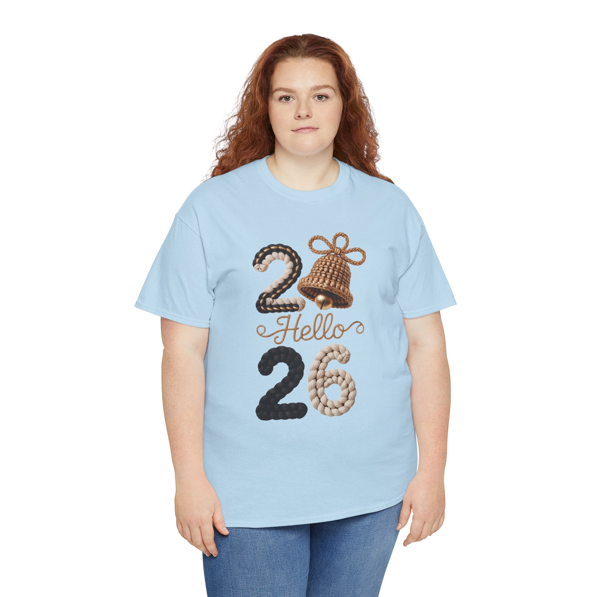 Hello 2026 Tee — Cozy Faux Yarn Braided Numbers with Woven Golden Bell..Unisex Cotton Tee