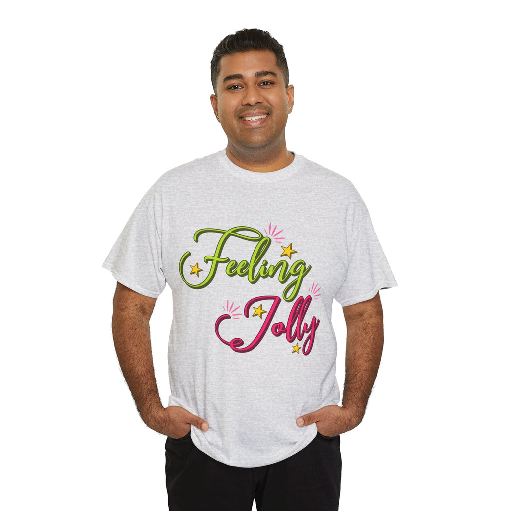 Feeling Jolly Tee — Festive Green & Pink Script with Yellow Stars Unisex Cotton Tee