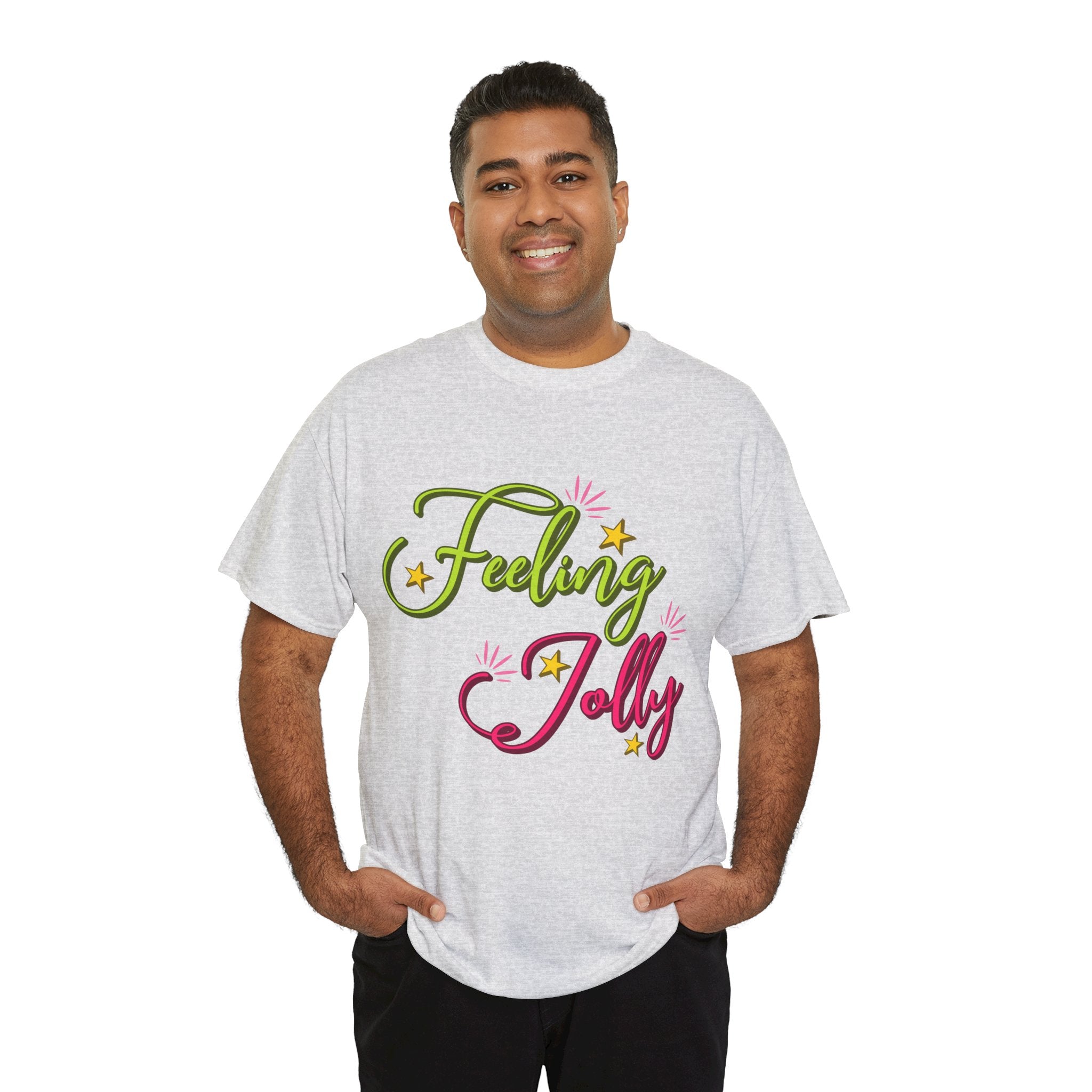 Feeling Jolly Tee — Festive Green & Pink Script with Yellow Stars Unisex Cotton Tee
