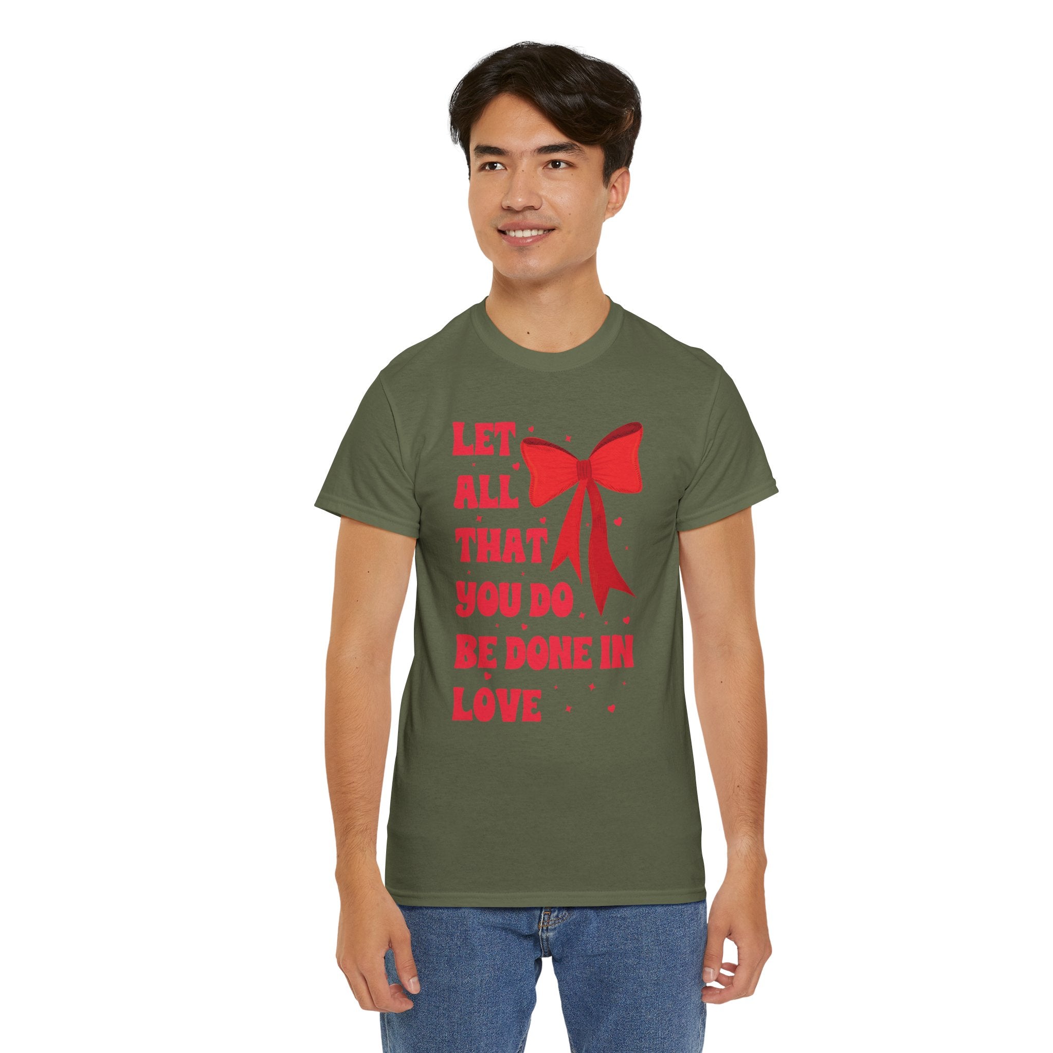Valentine Tee — "Let All That You Do Be Done in Love" Heart Bow Unisex Cotton Shirt