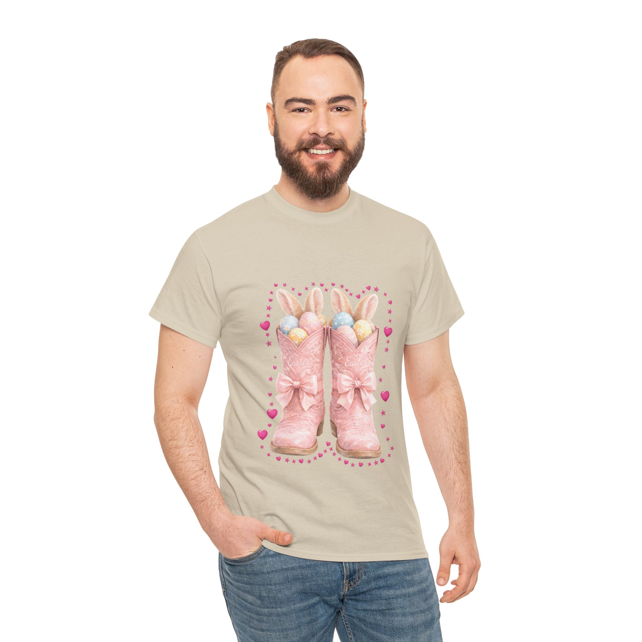 Easter Pink Western Boots Tee — Pastel Bunny Eggs & Bows Unisex Cotton Tee