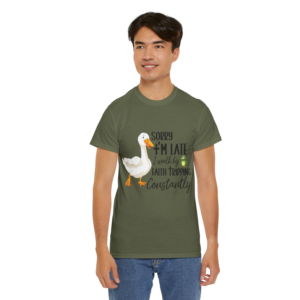Christian Humor T-Shirt — “Sorry I’m Late, I Walk by Faith Tripping Constantly” (Duck & Frog). Unisex Cotton Tee