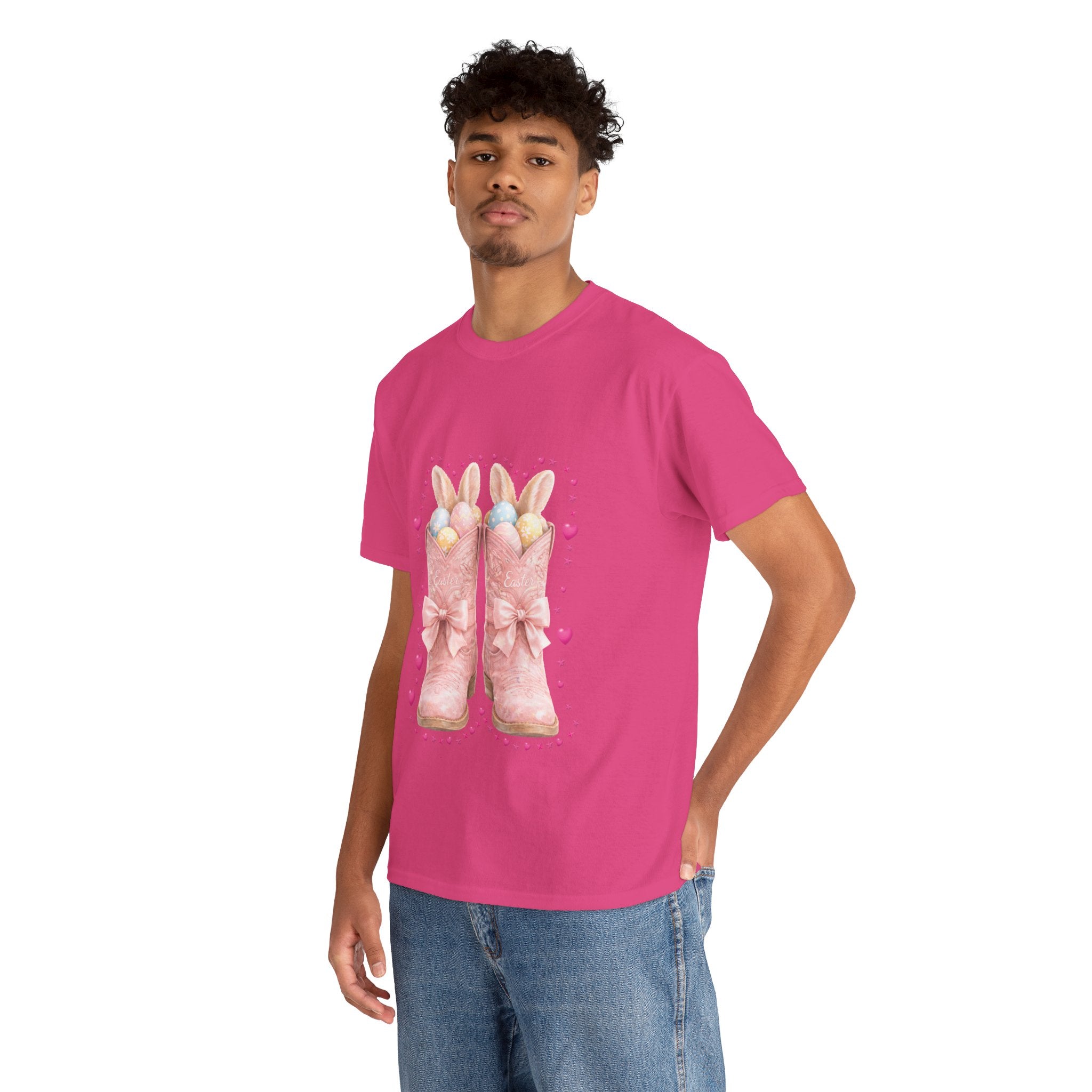 Easter Pink Western Boots Tee — Pastel Bunny Eggs & Bows Unisex Cotton Tee