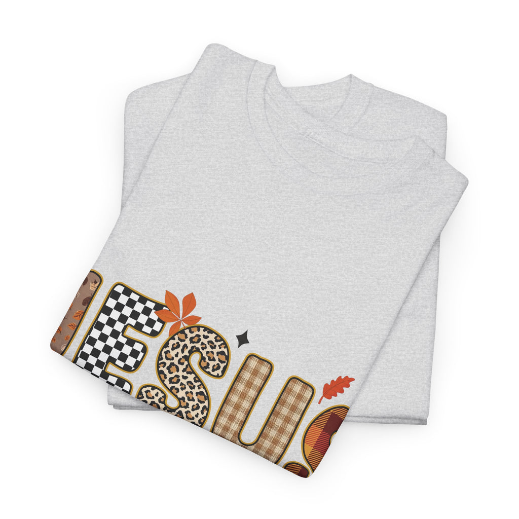 Jesus Is My Favorite Season Tee — Autumn Plaid & Leopard Lettering Unisex Cotton Tee