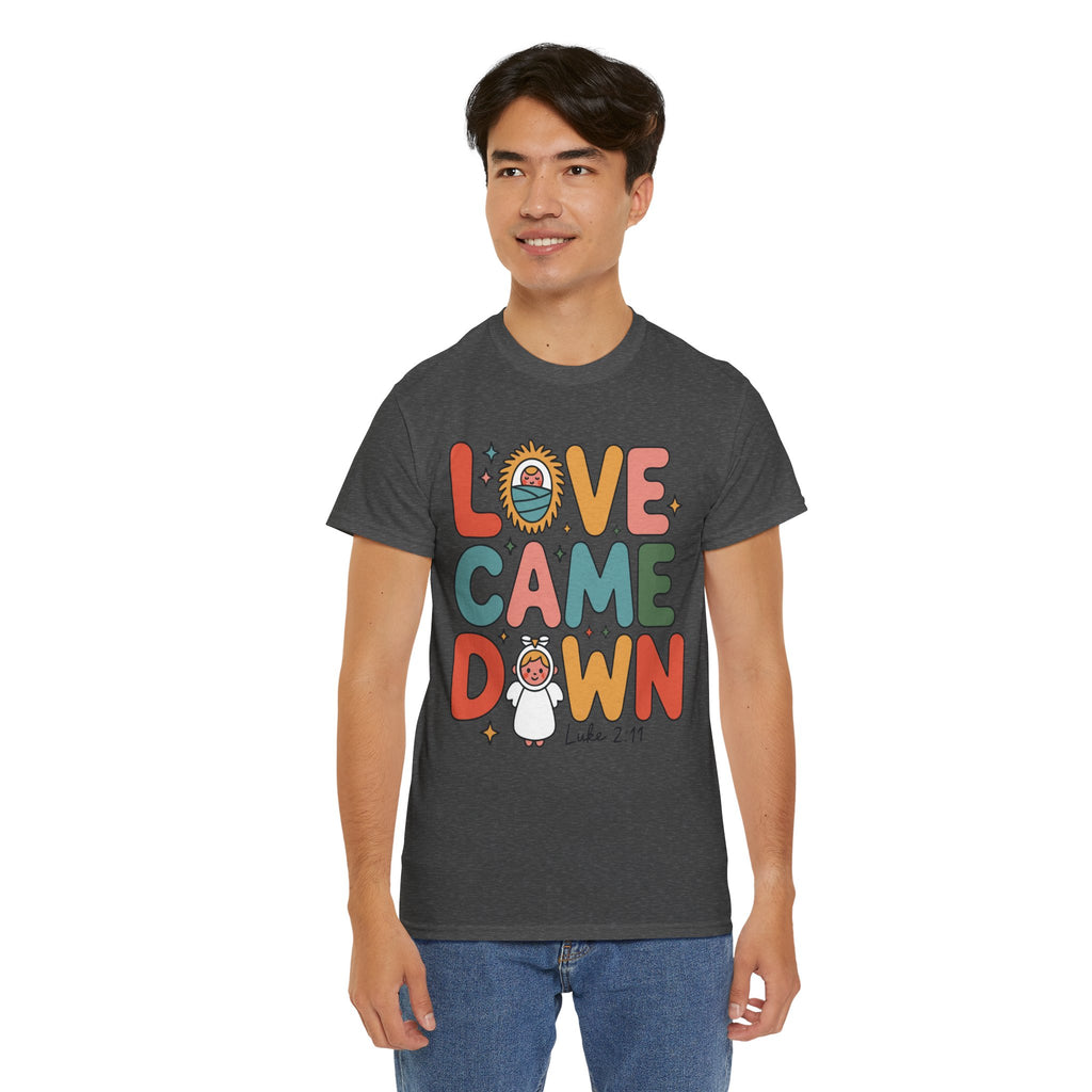 Love Came Down Christmas Tee — Baby Jesus Manger Angel (Luke 2:11)..Unisex Cotton Tee