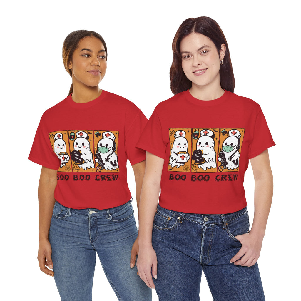 Halloween Nurse T-Shirt — Ghost Nurses Holding Medical Tools on Orange Unisec Cotton Tee