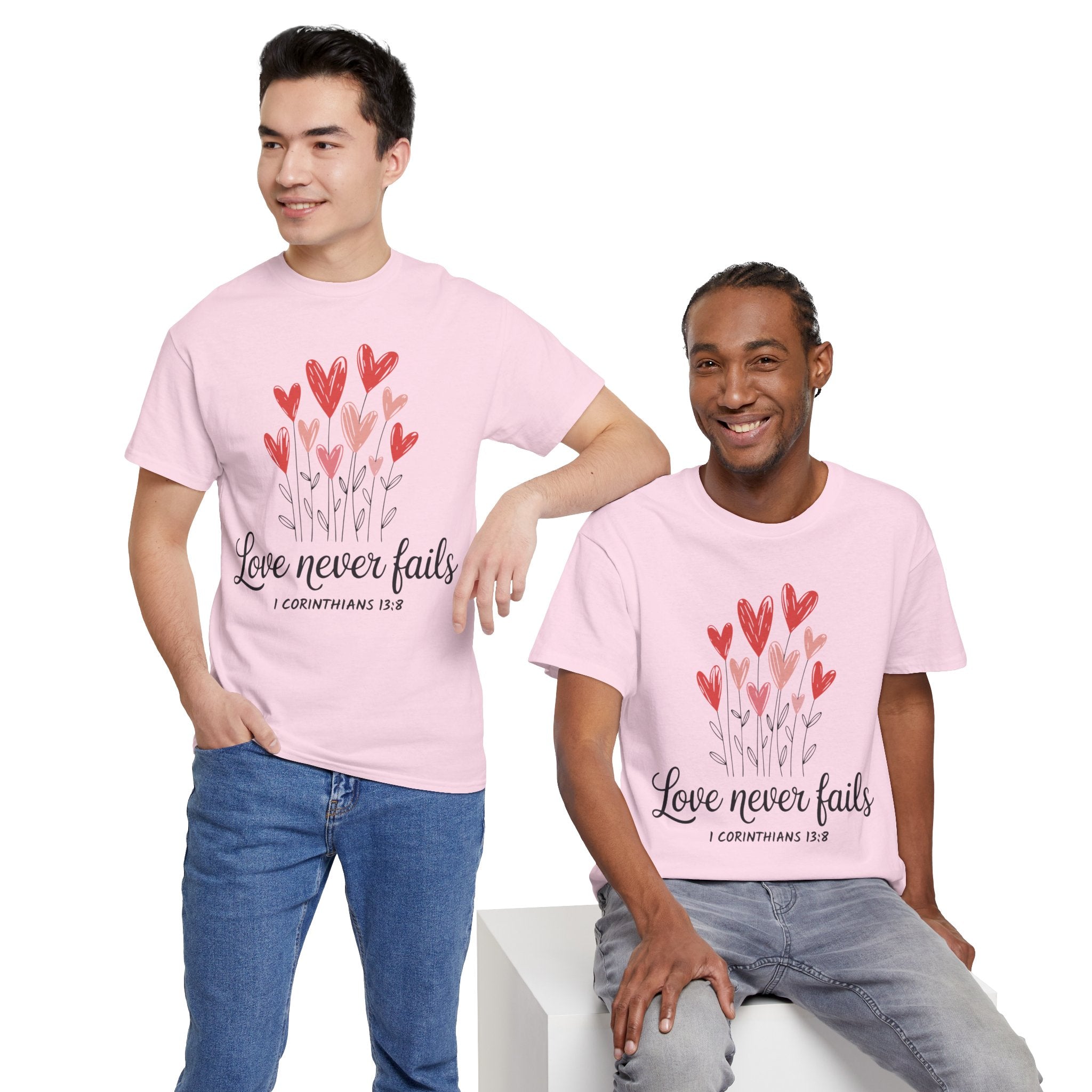 Christian Valentine T-Shirt — "Love Never Fails" (1 Corinthians 13:8) Unisex Cotton Tee