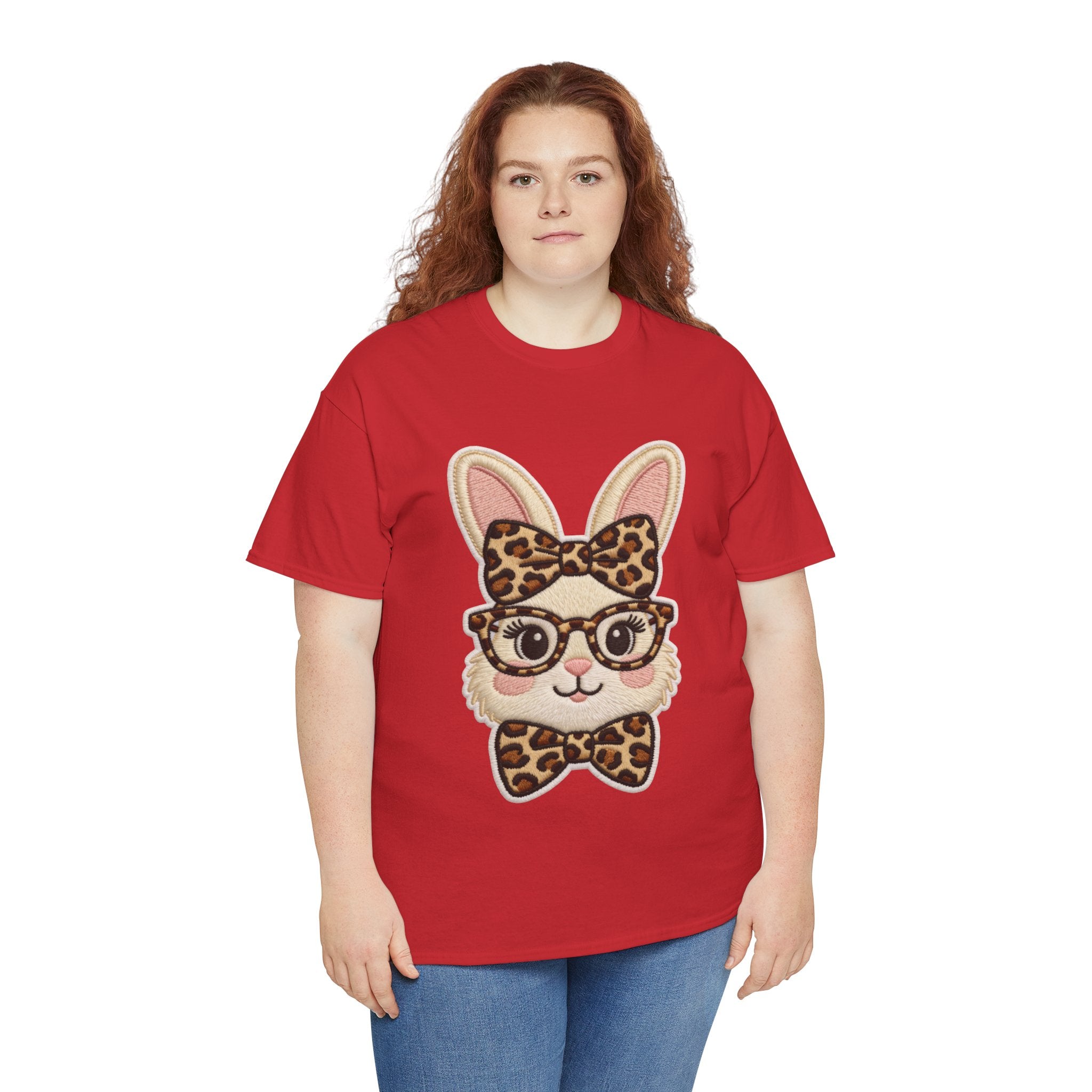 Leopard Bow Bunny Embroidered Tee — Cute Bunny Face with Glasses Patch Unisex Cotton Tee