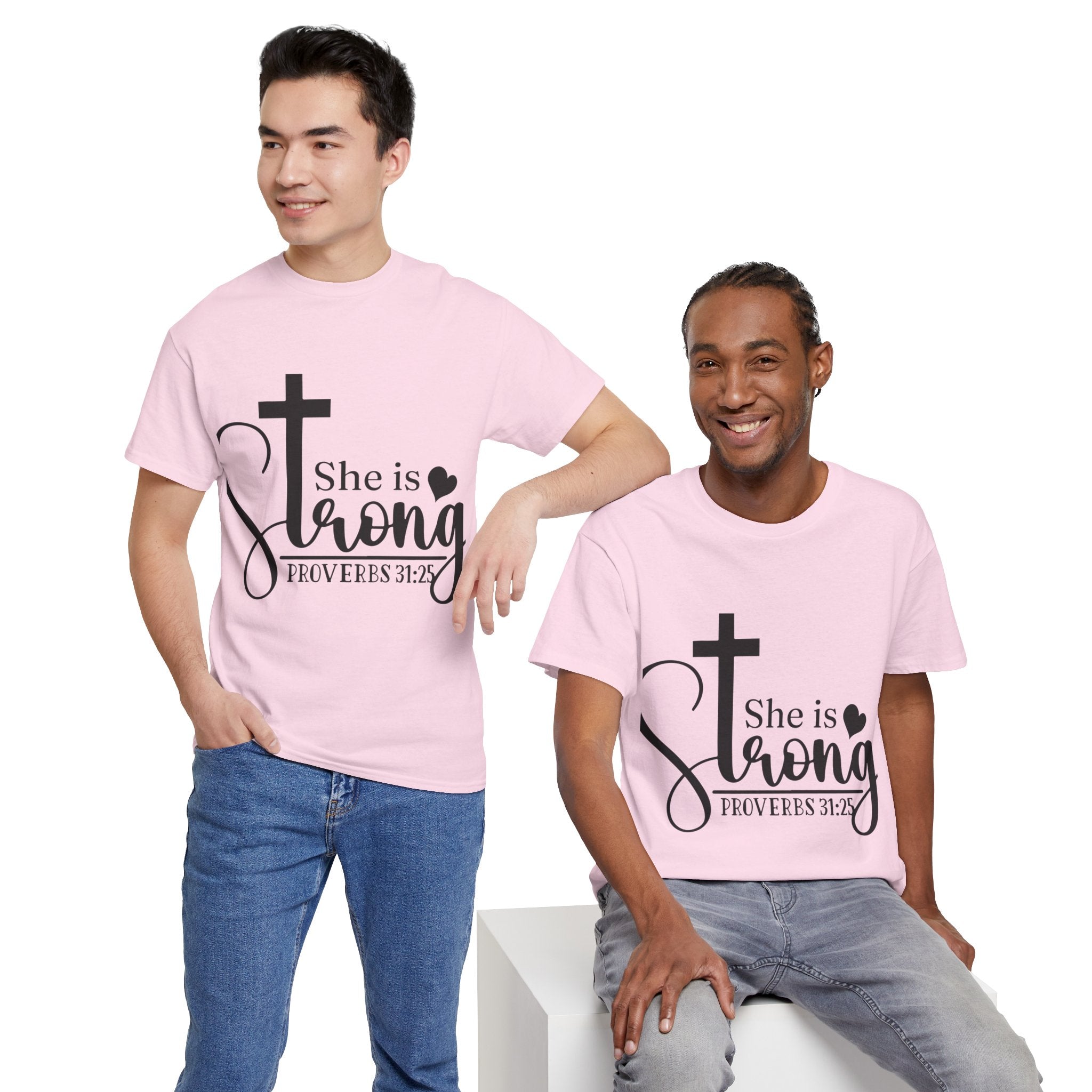Proverbs 31:25 'She is Strong' T-Shirt – Christian Cross & Heart Unisex Cotton Tee