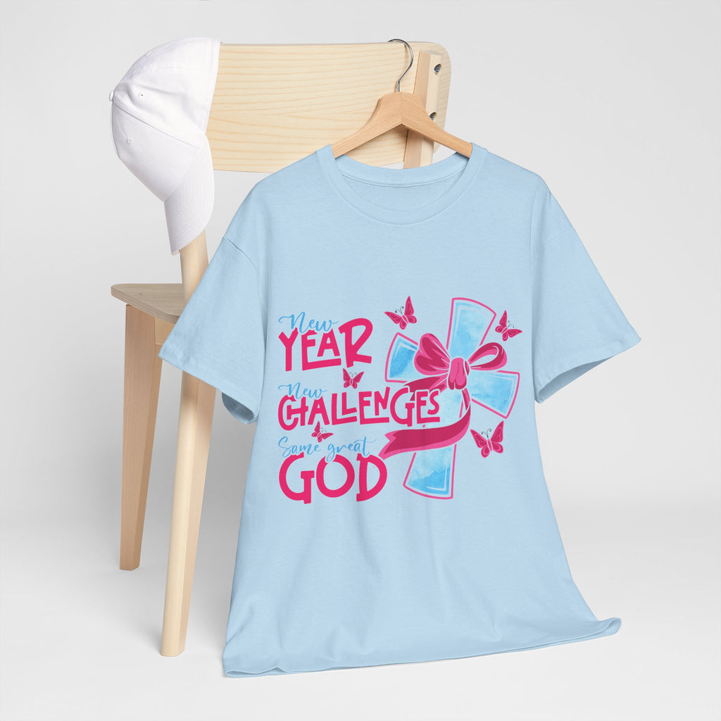 Christian T-Shirt — “New Year, New Challenges, Same Great God” with Pink Bow Cross & Butterflies. Unisex Cotton Tee
