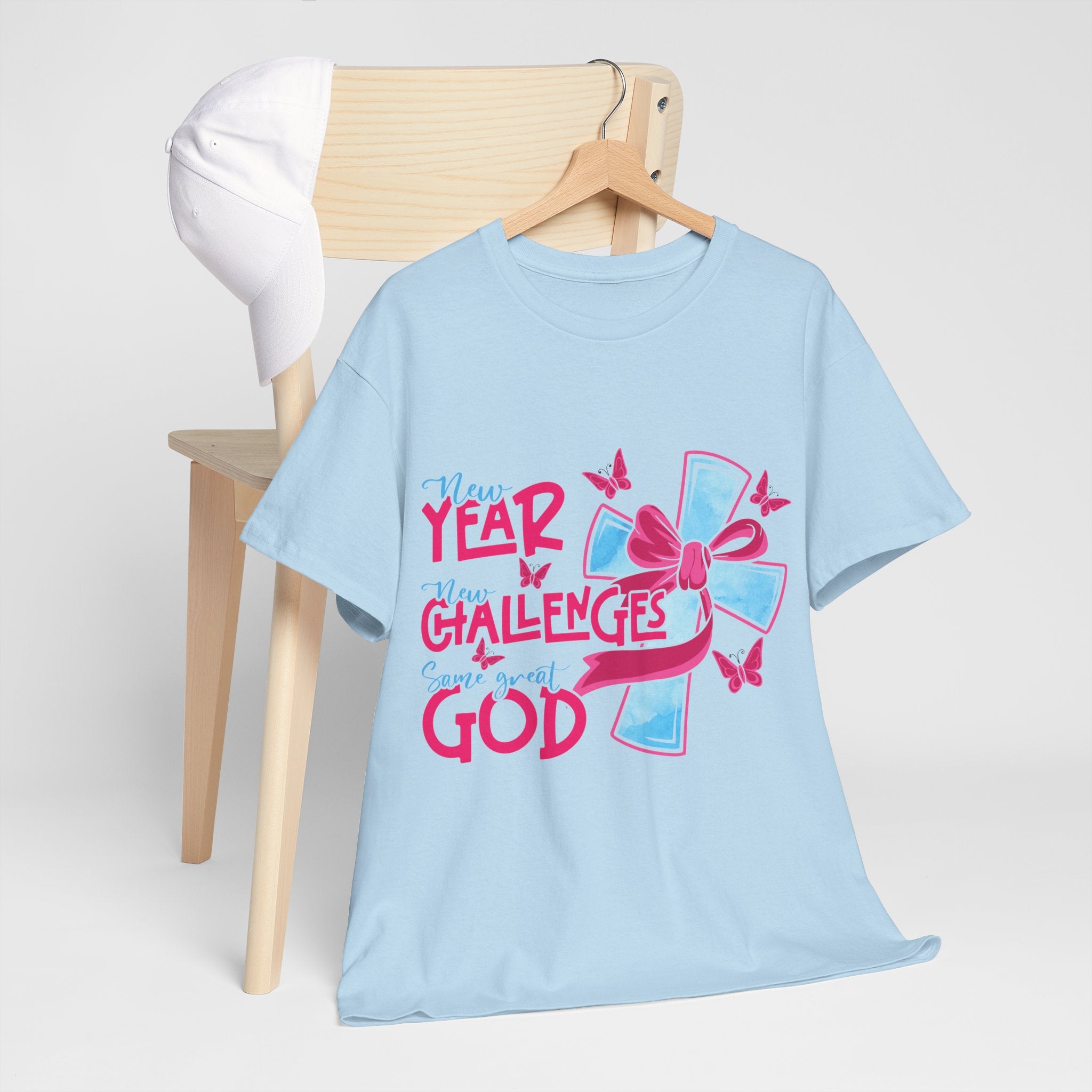 Christian T-Shirt — “New Year, New Challenges, Same Great God” with Pink Bow Cross & Butterflies. Unisex Cotton Tee