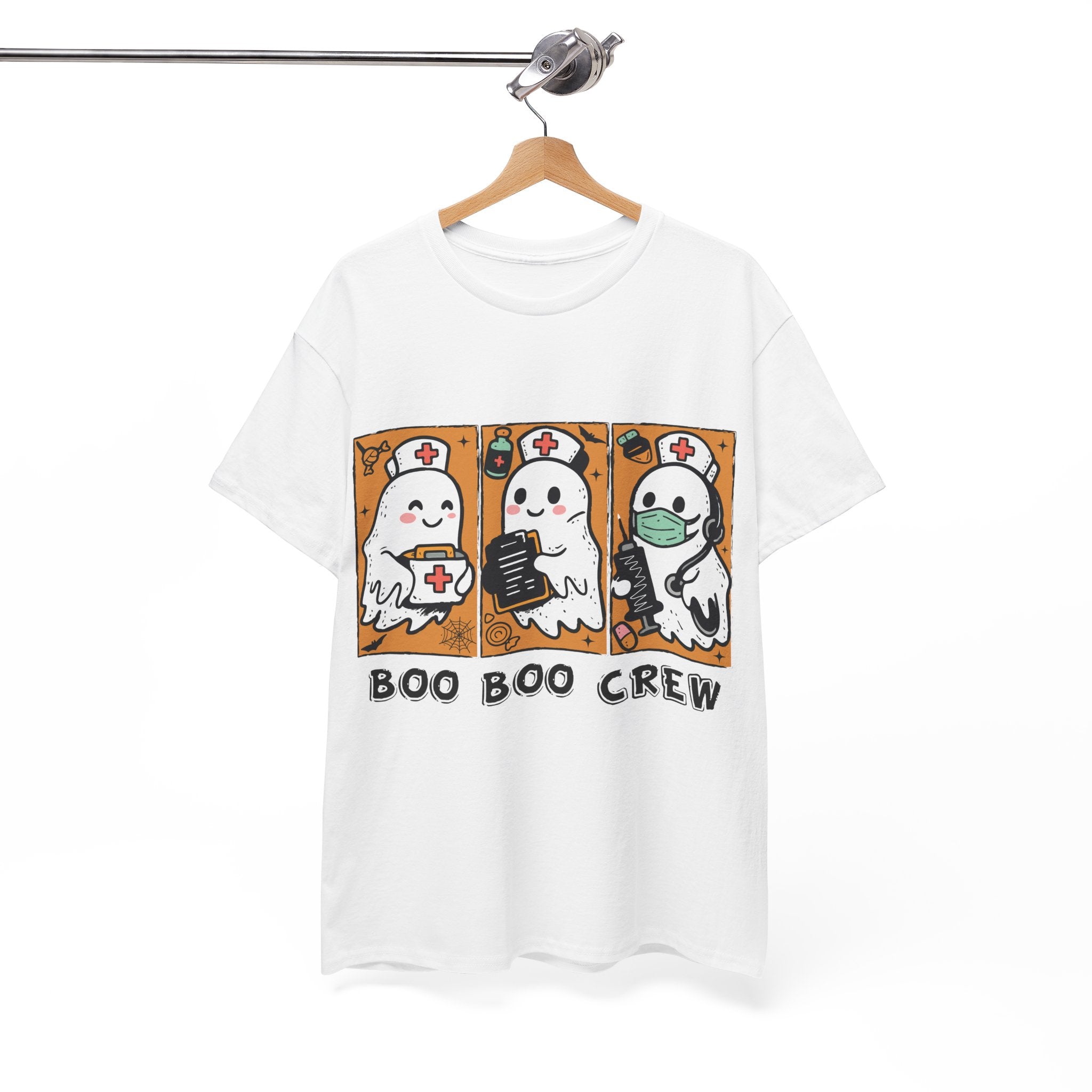 Halloween Nurse T-Shirt — Ghost Nurses Holding Medical Tools on Orange Unisec Cotton Tee