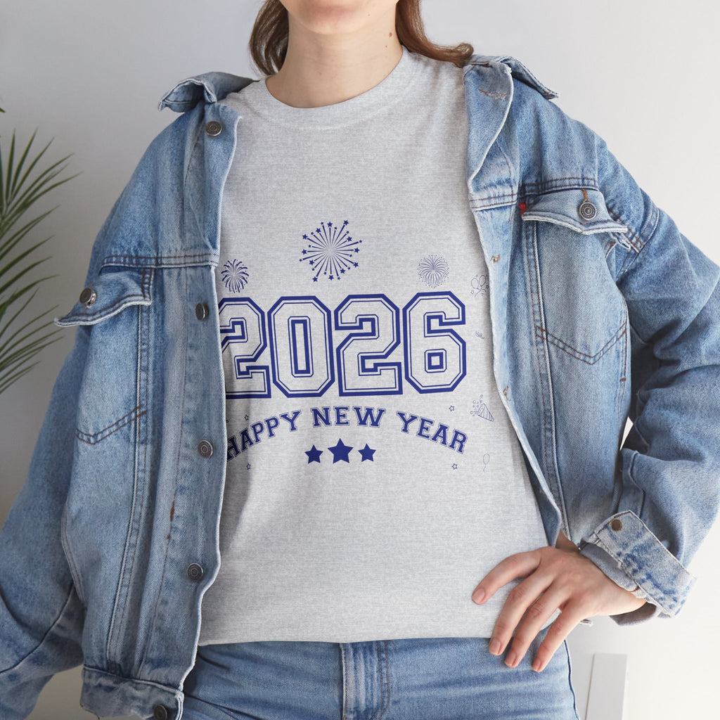 Happy New Year 2026 Varsity Tee — Fireworks & Confetti Celebration Unisex Cotton Tee