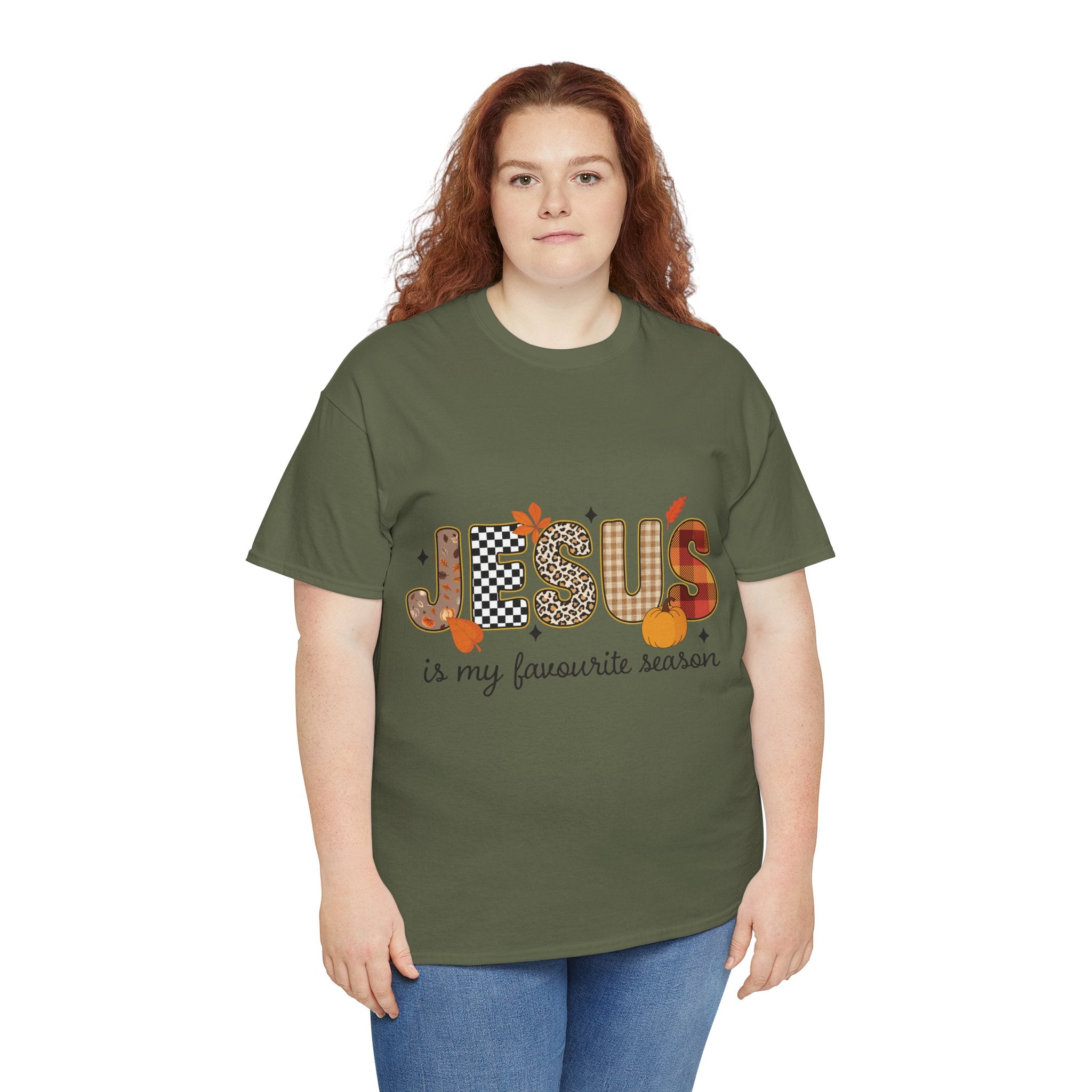 Jesus Is My Favorite Season Tee — Autumn Plaid & Leopard Lettering Unisex Cotton Tee