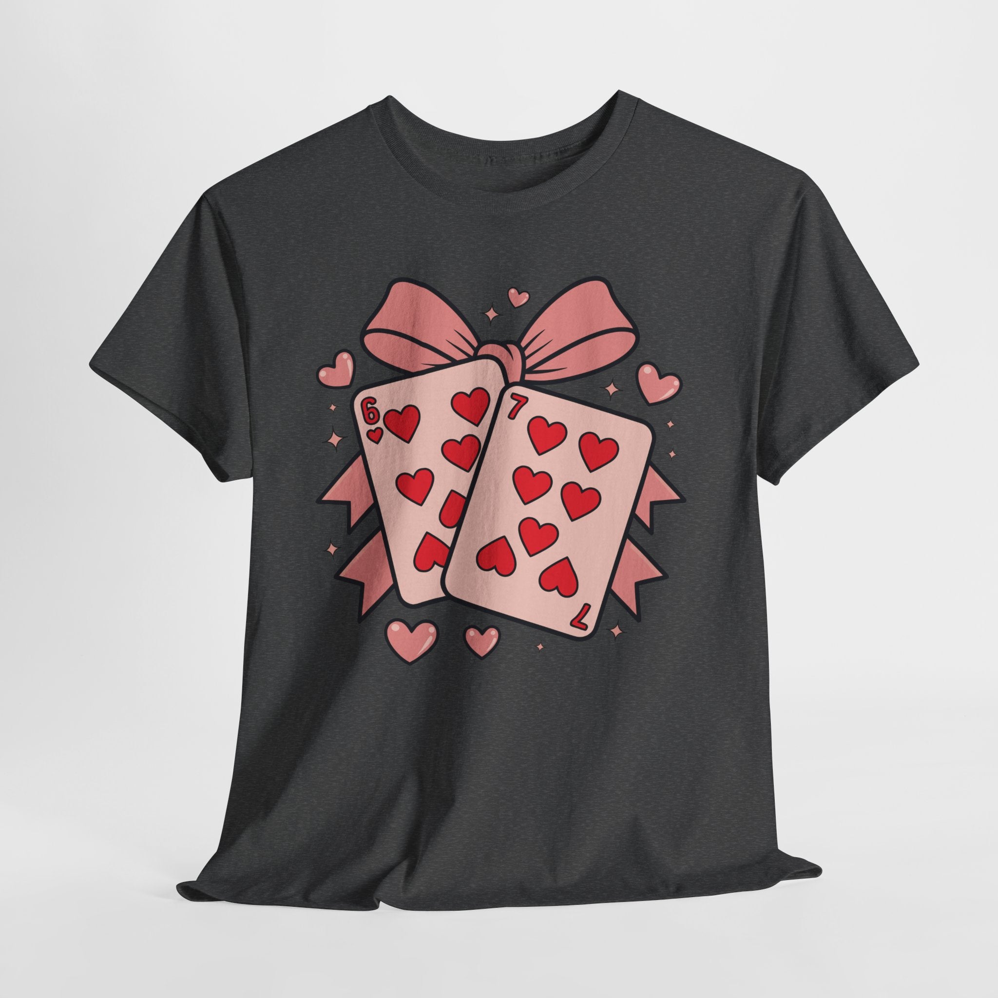 6 & 7 of Hearts T-Shirt — Paired Playing Cards with Pink Bow Unisex Cotton Tee