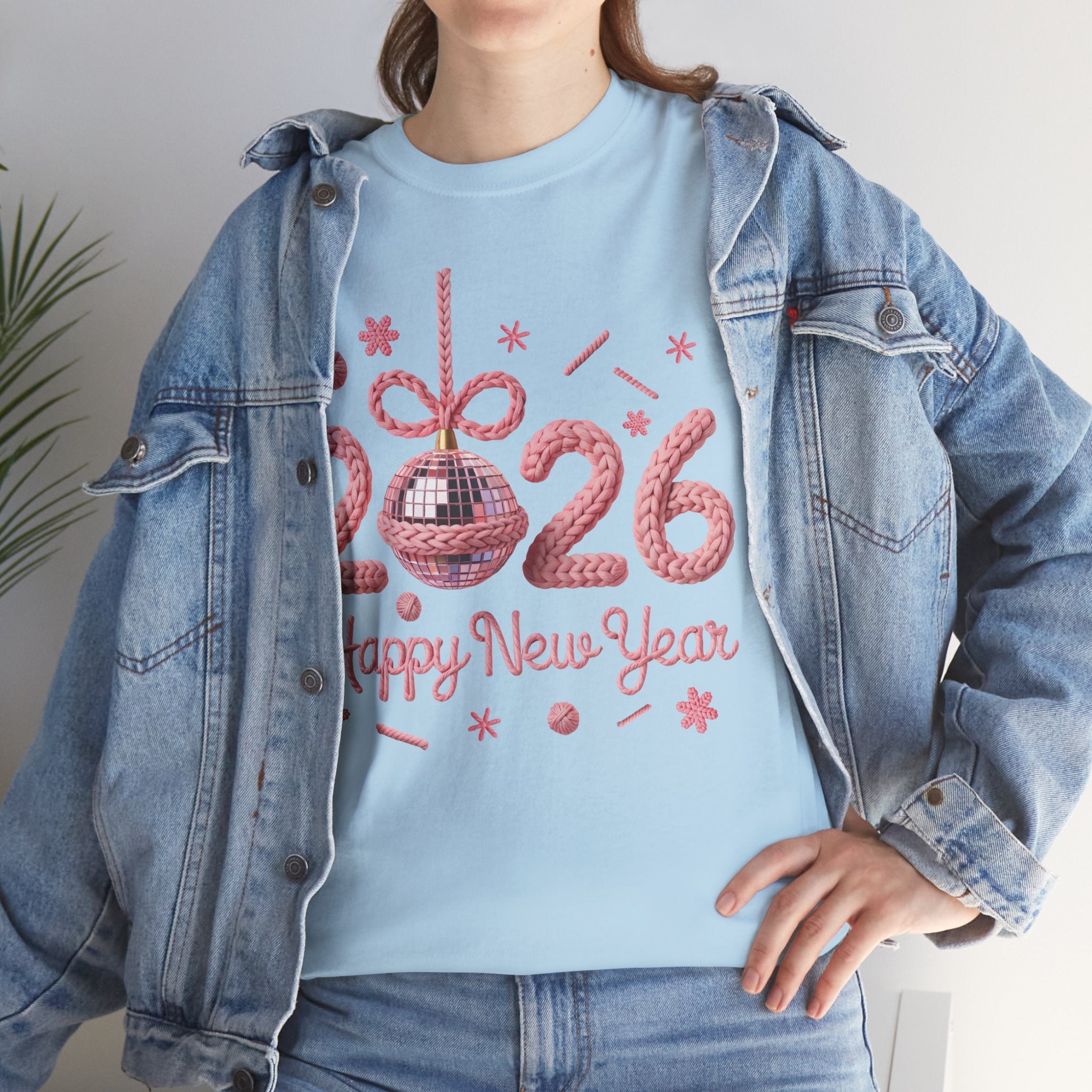 2026 Happy New Year Pink Knitted Disco Ball Unisex Cotton Tee