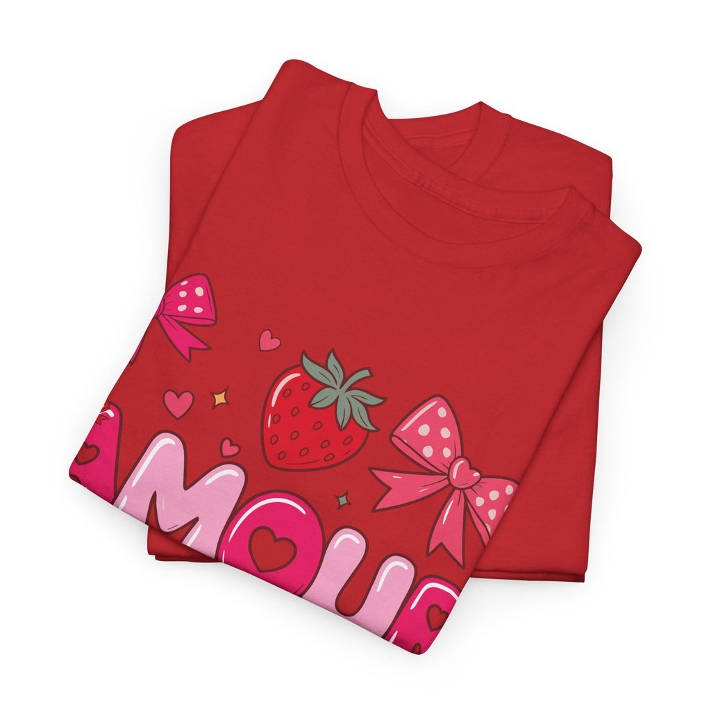 Amour Pink Hearts Tee — Shiny Lettering with Bows, Cherries & Strawberry Accent...Unisex Cotton Tee