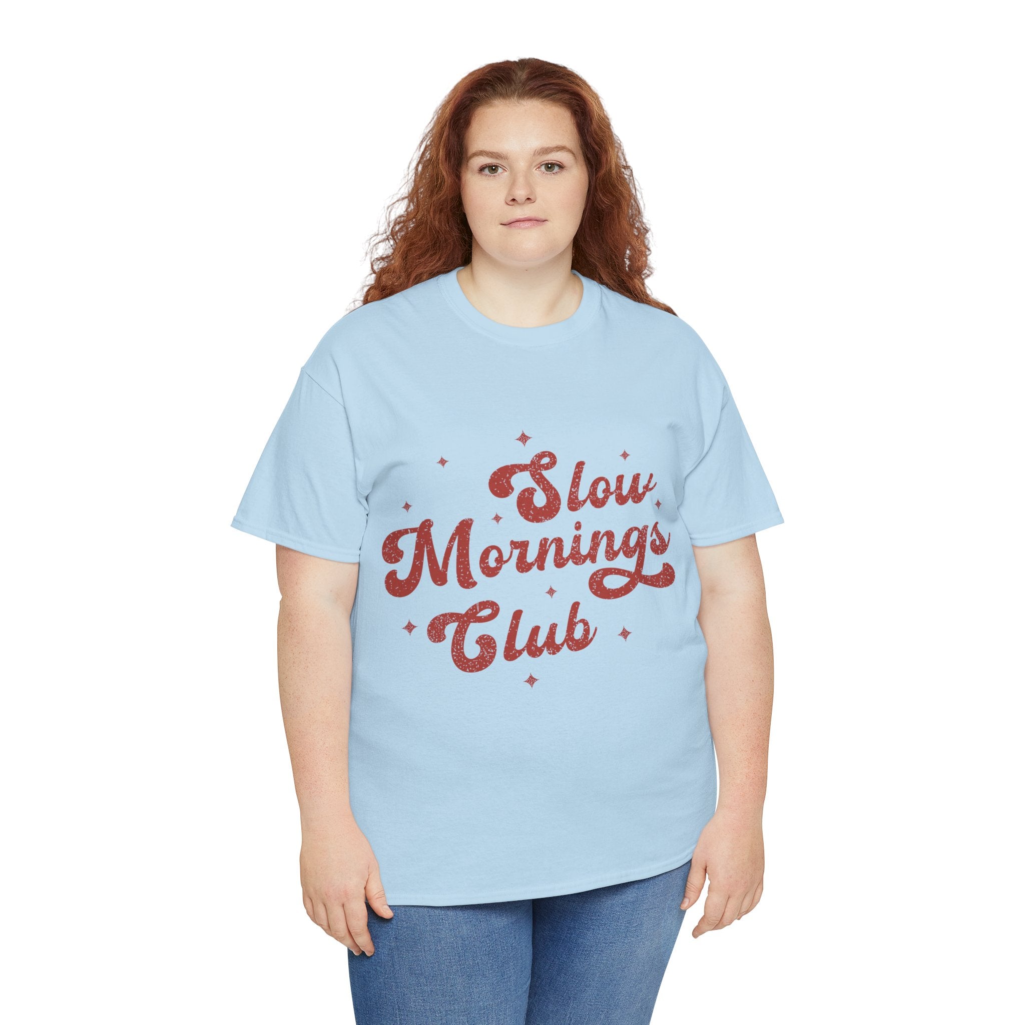 Slow Mornings Club T-Shirt — Retro Red Sparkle Unisex Cotton Tee
