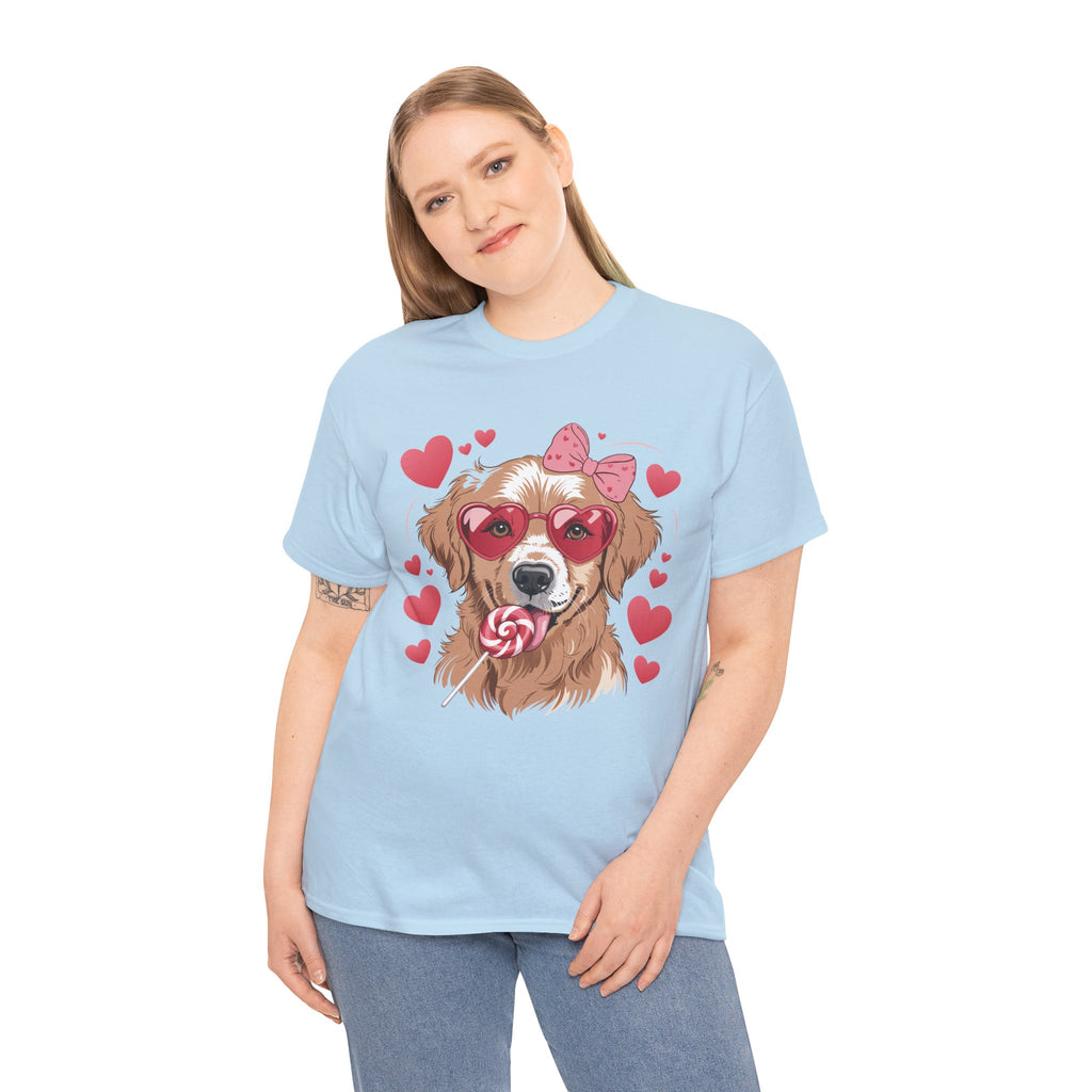 Valentine Dog T-Shirt — Cute Pup with Heart Glasses, Pink Bow & Lollipop..Unisex Cotton Tee