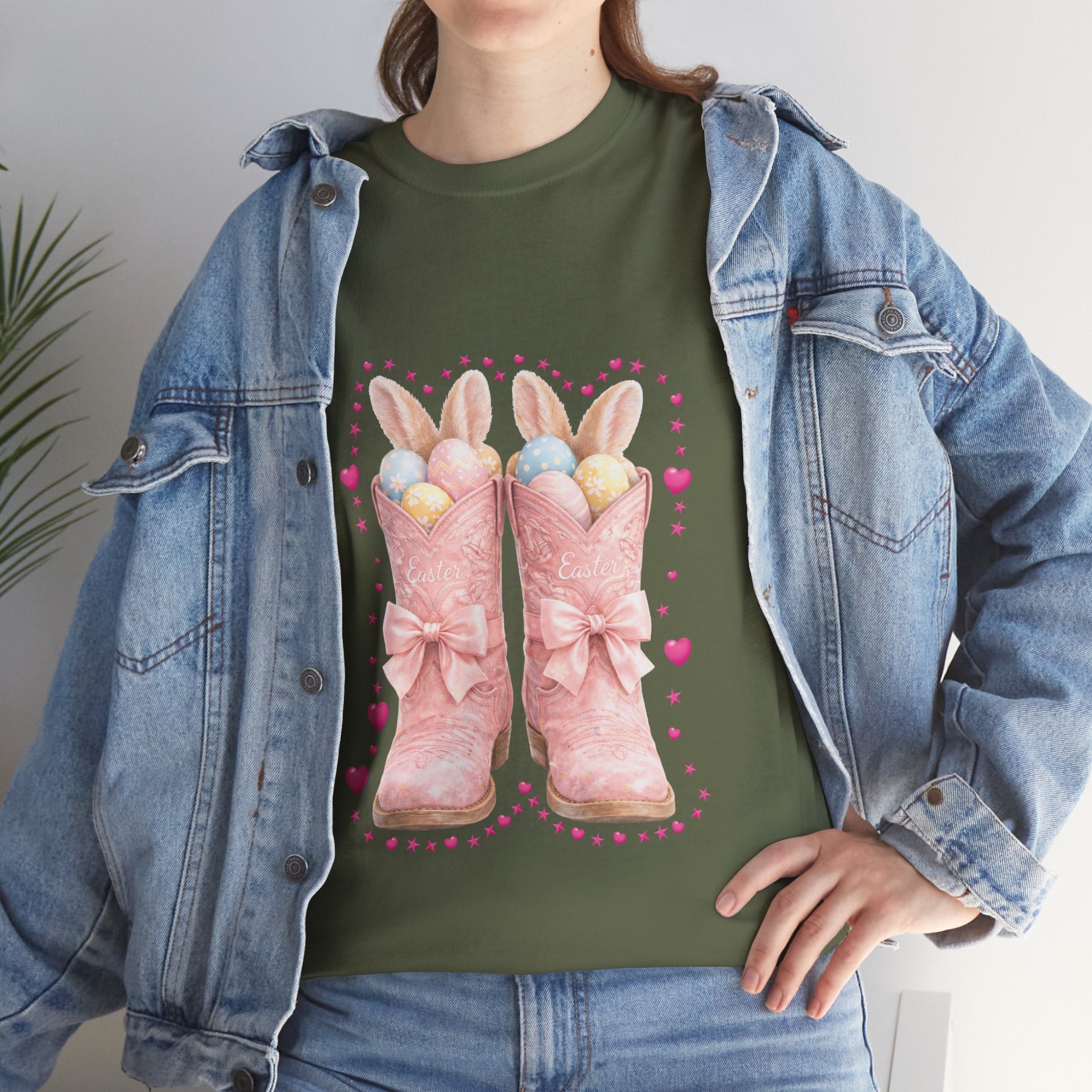 Easter Pink Western Boots Tee — Pastel Bunny Eggs & Bows Unisex Cotton Tee