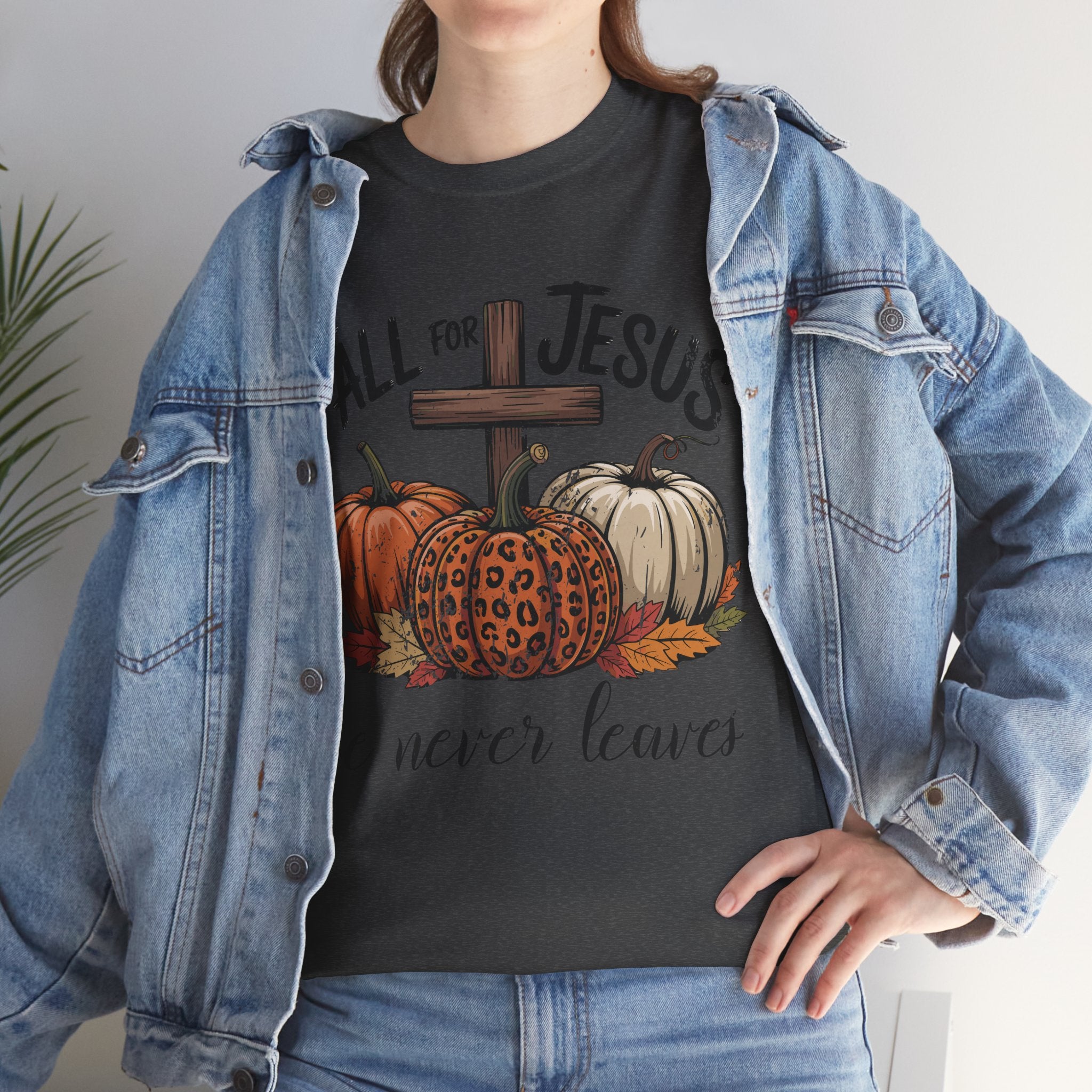 Fall for Jesus Pumpkin Cross Tee — "He Never Leaves" Autumn Christian Unisex Cotton T-Shirt