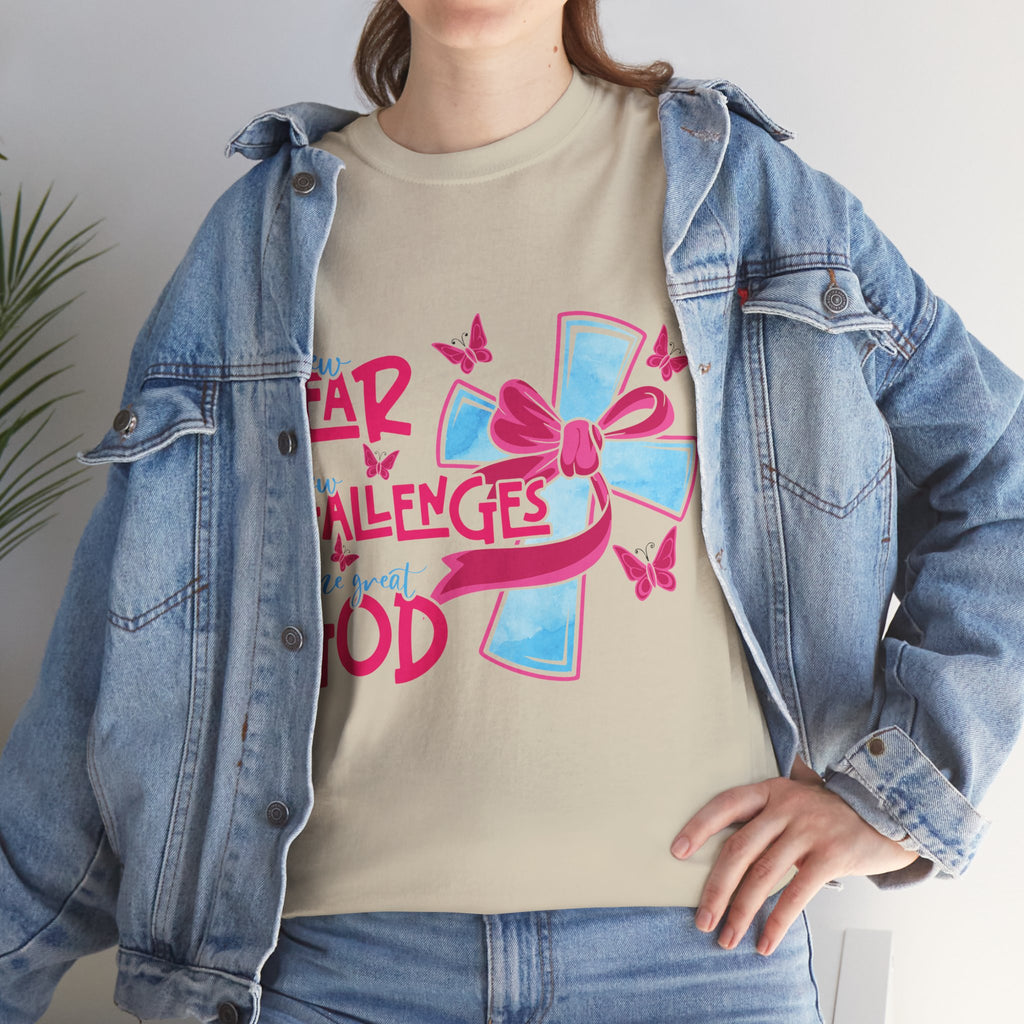 Christian T-Shirt — “New Year, New Challenges, Same Great God” with Pink Bow Cross & Butterflies. Unisex Cotton Tee