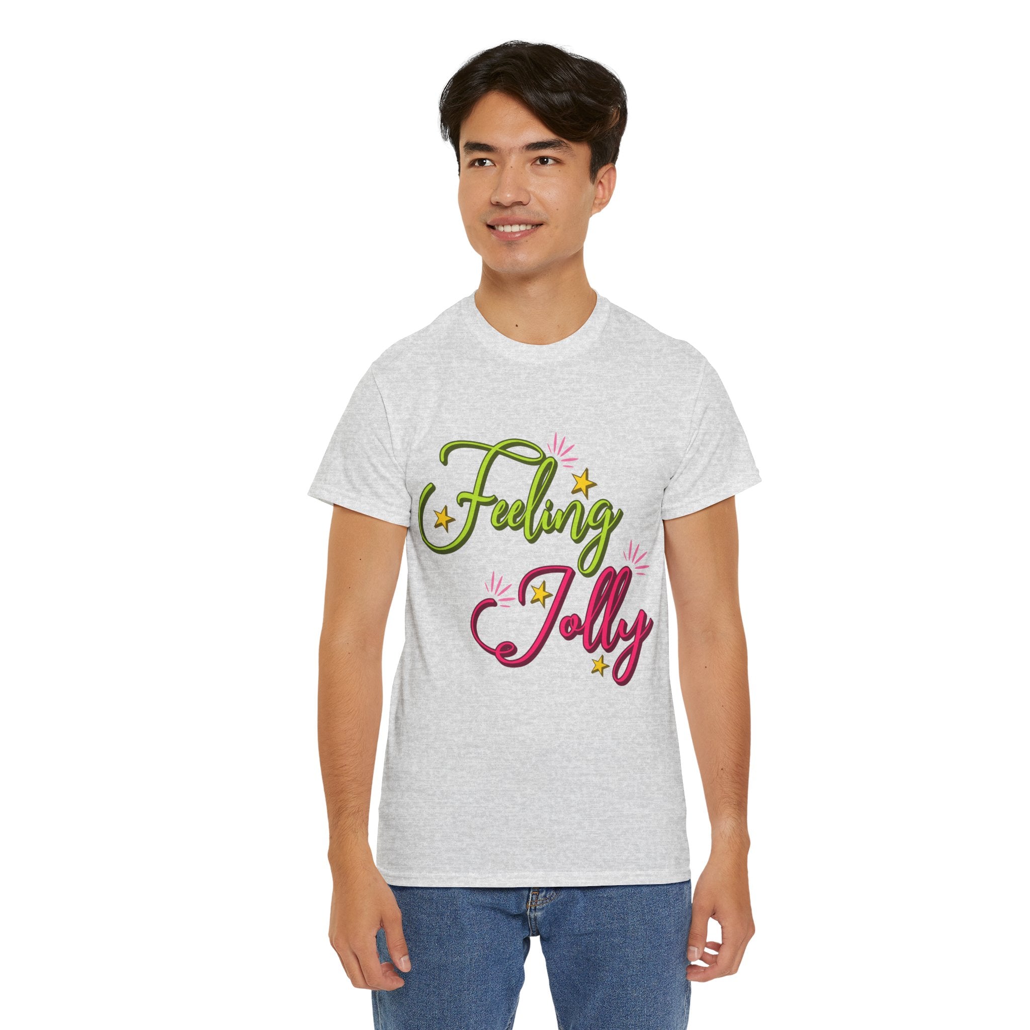 Feeling Jolly Tee — Festive Green & Pink Script with Yellow Stars Unisex Cotton Tee