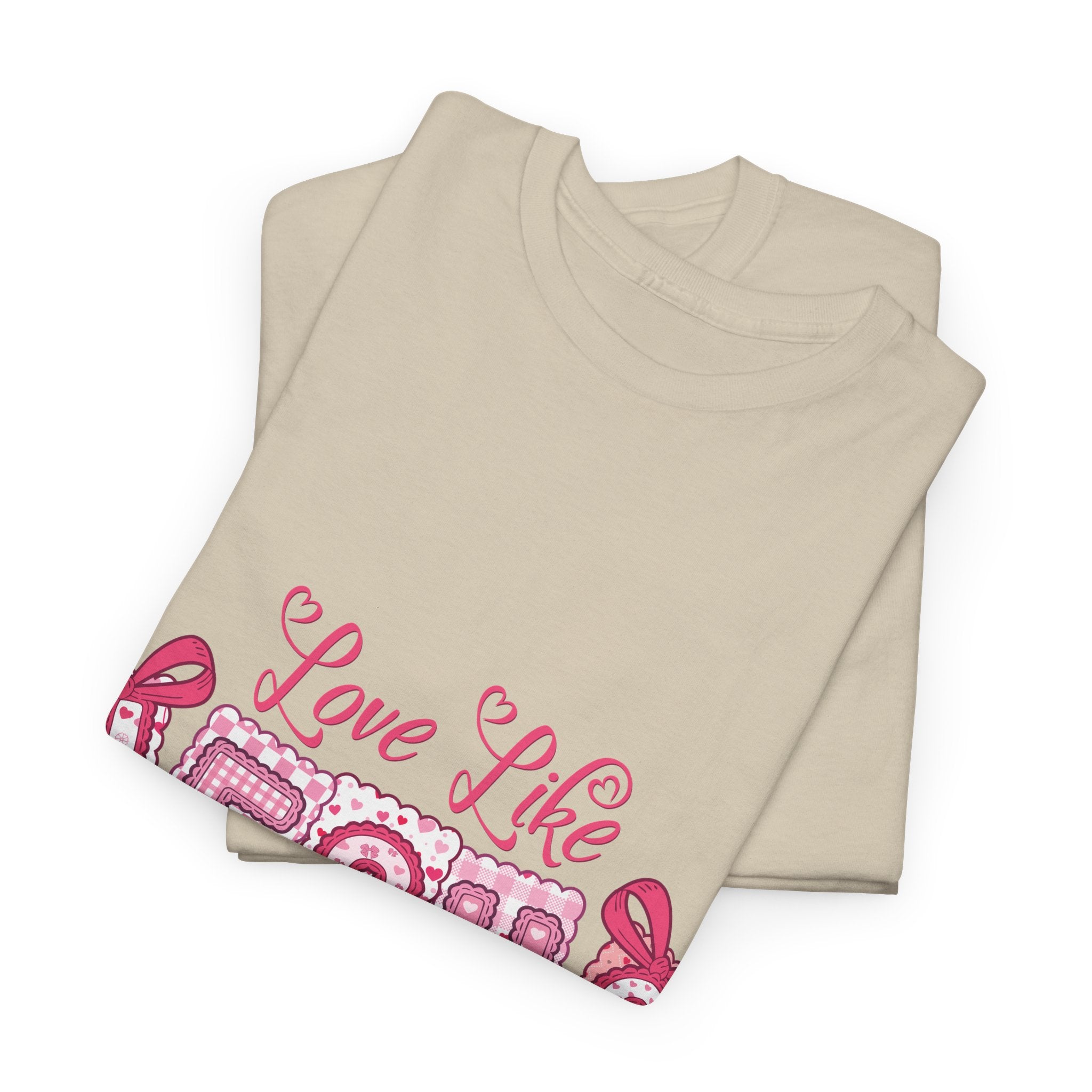 Love Like Jesus Patchwork Tee — Pink Stitched Heart Graphic.Unisex Cotton Tee