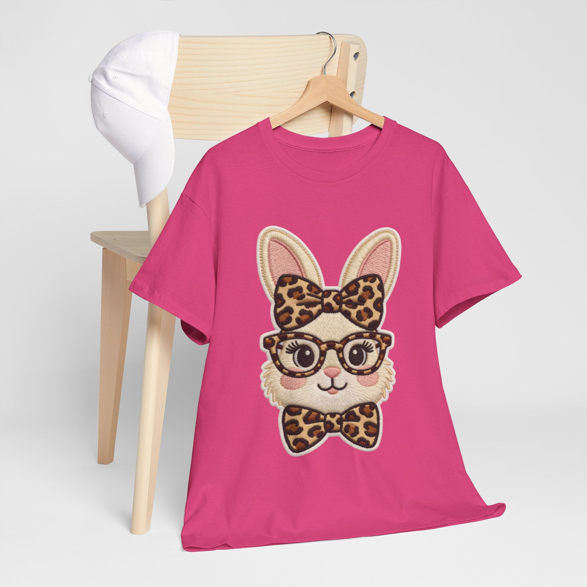 Leopard Bow Bunny Embroidered Tee — Cute Bunny Face with Glasses Patch Unisex Cotton Tee