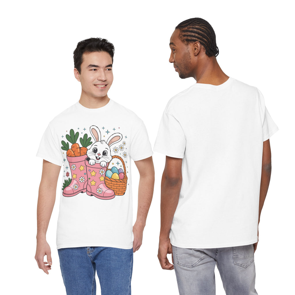 Easter Bunny in Pink Rain Boots T-Shirt — Cartoon Bunny, Carrots & Colorful Eggs Unisex Cotton Tee