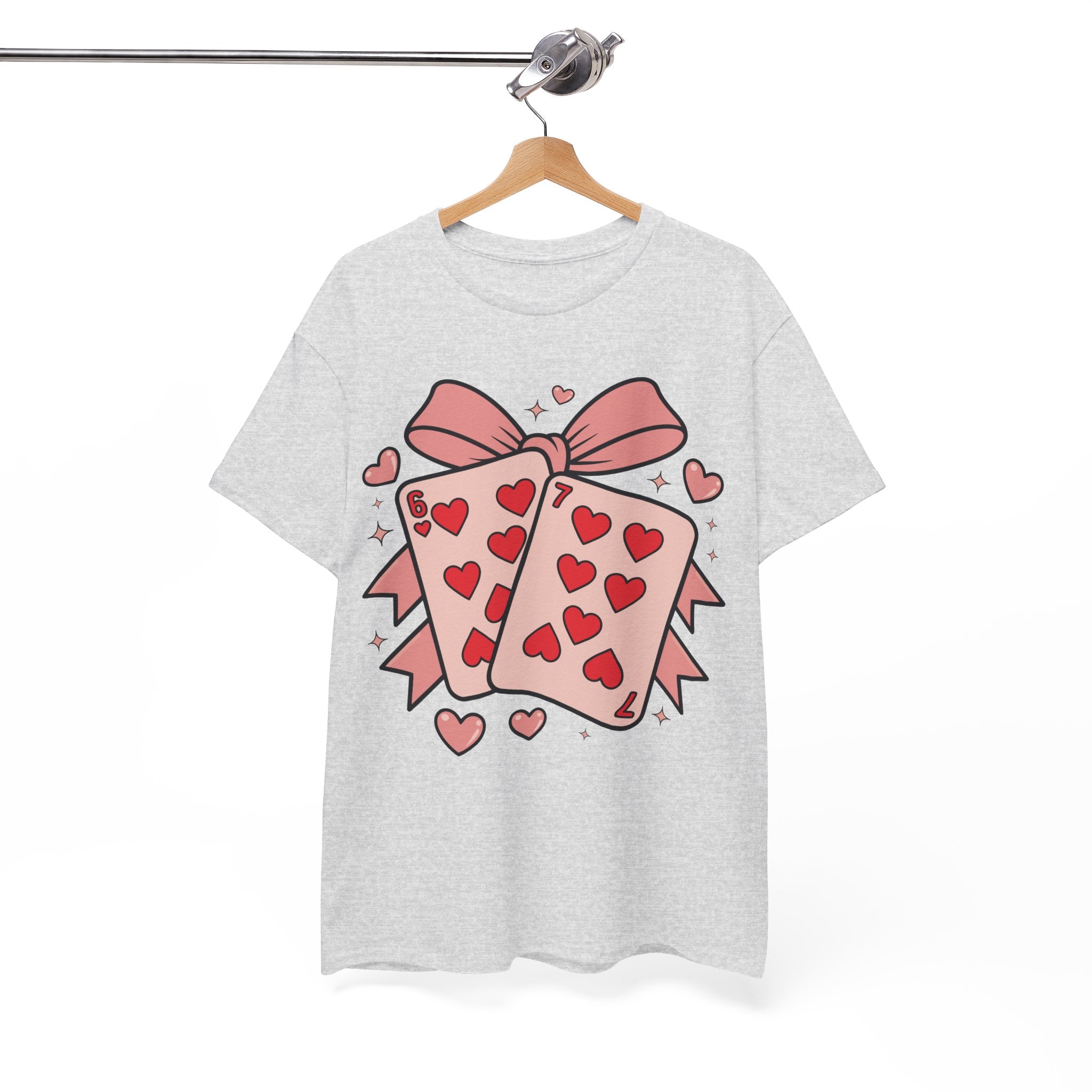 6 & 7 of Hearts T-Shirt — Paired Playing Cards with Pink Bow Unisex Cotton Tee