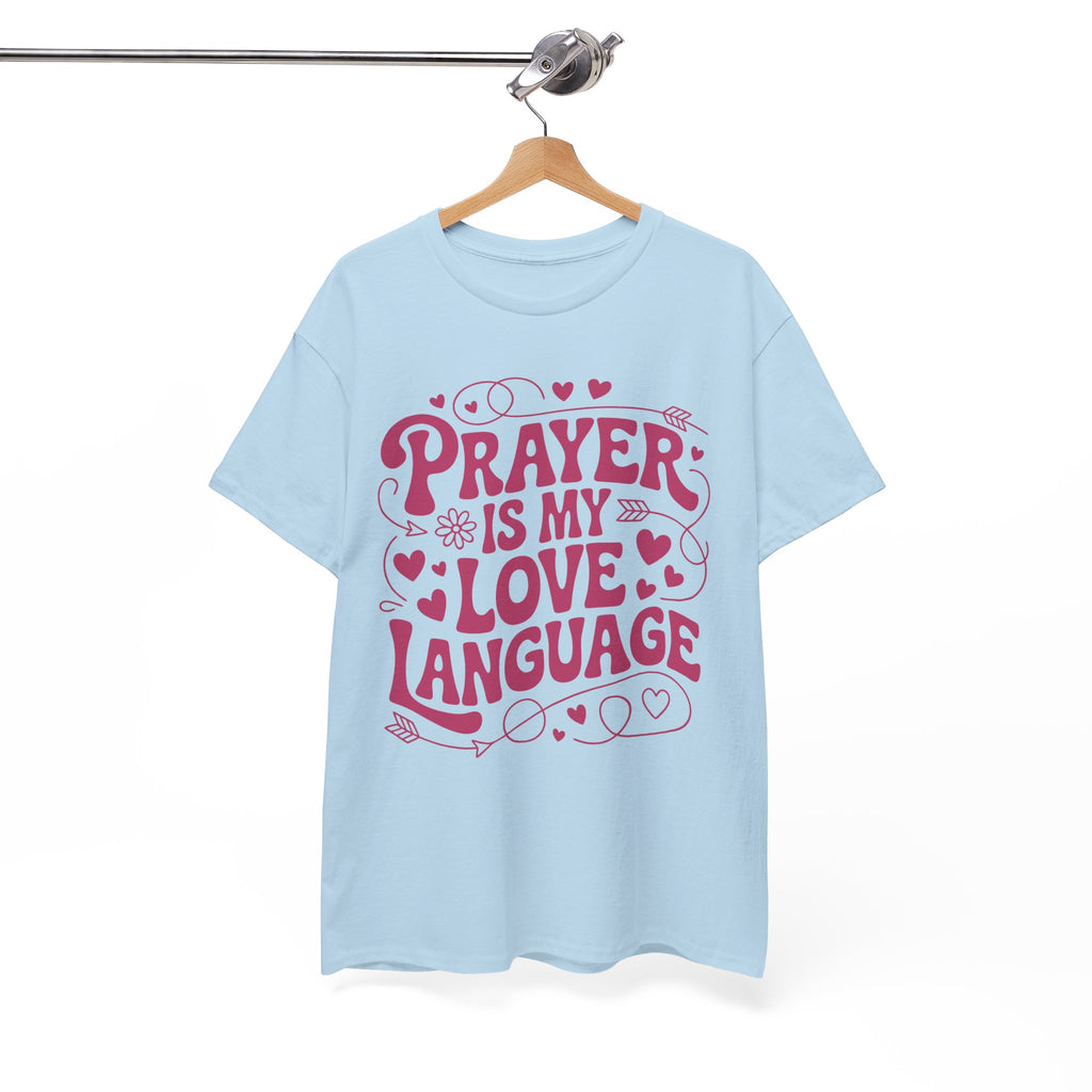 Prayer Is My Love Language Christian Tee — Pastel Pink Hearts Unisex Cotton Tee