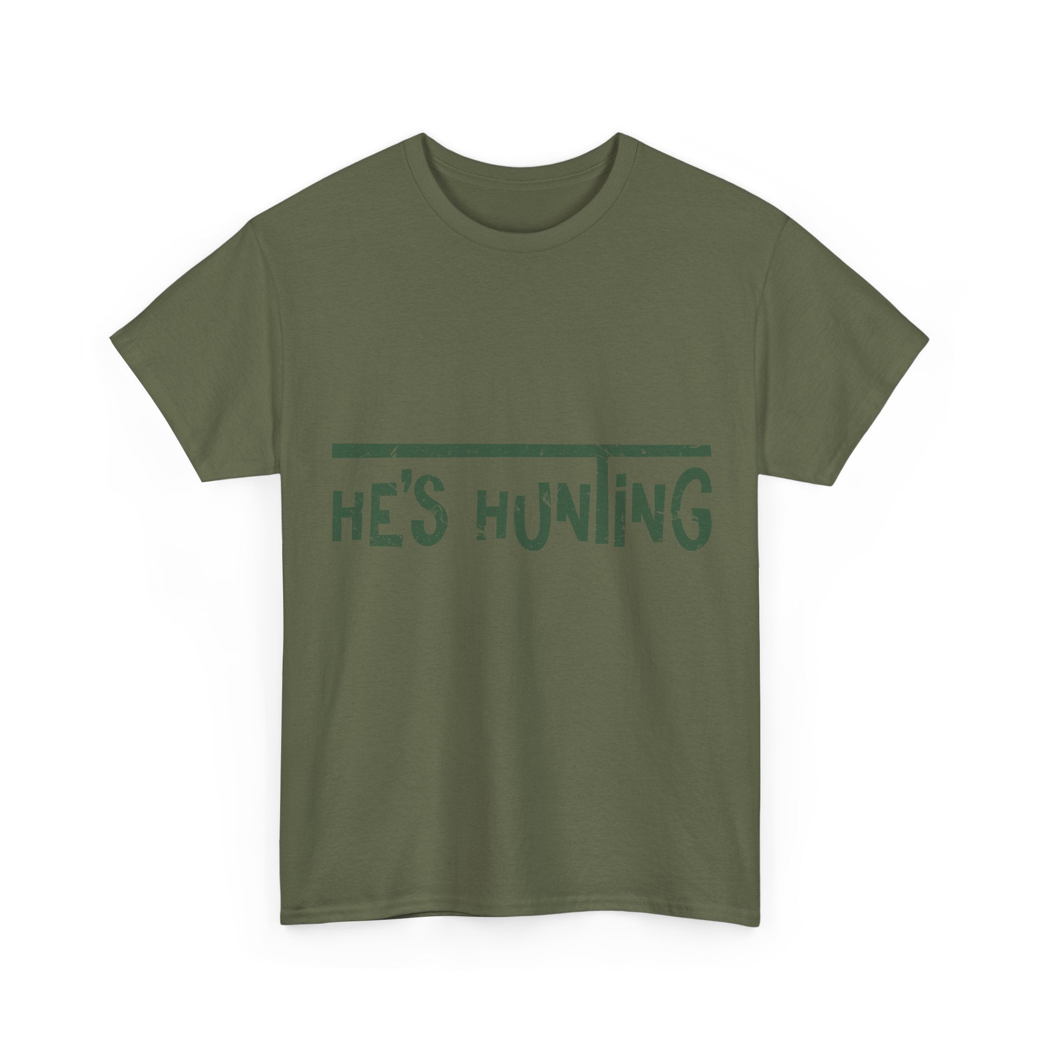 He’s Hunting Distressed Tee — Minimalist Tan Hunting Unisex Cotton Tshirt