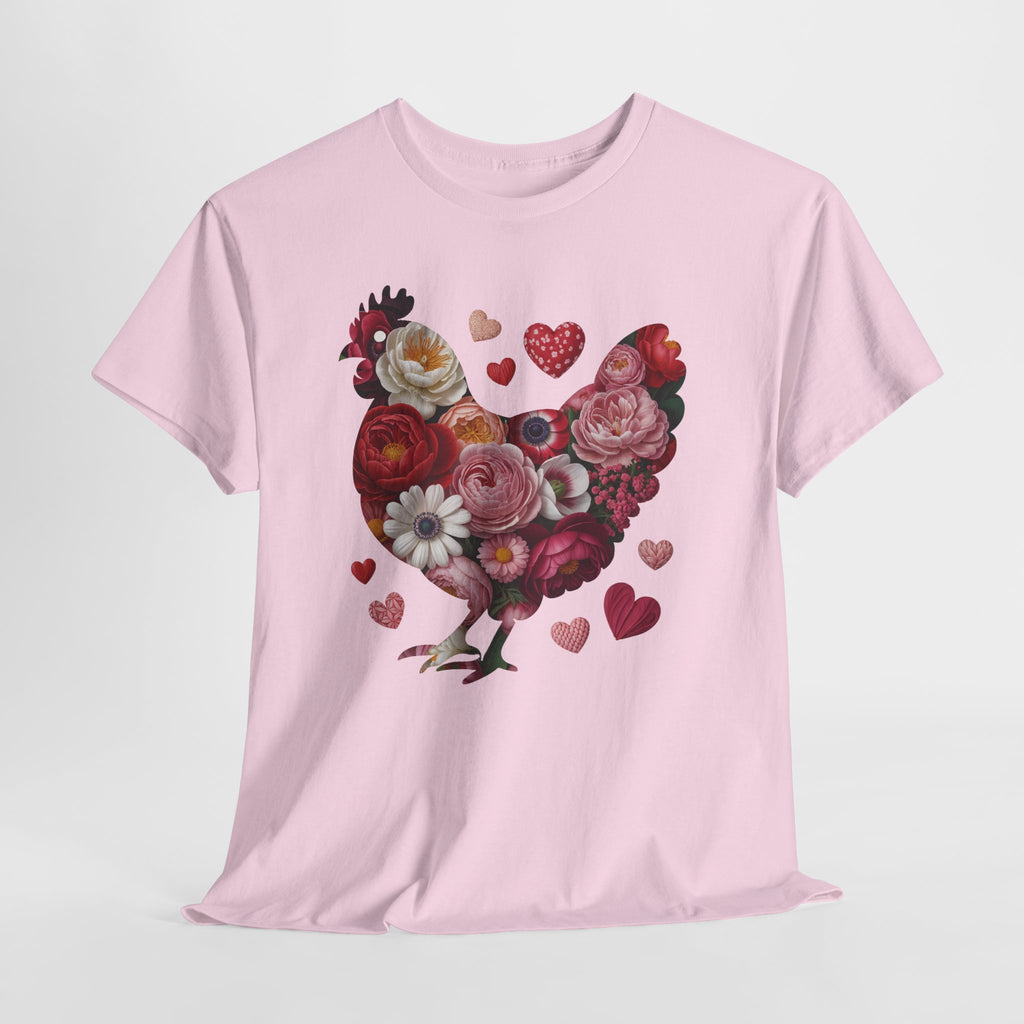 Floral Chicken Heart Tee — Red & Pink Flower Silhouette Unisex Cotton Tee