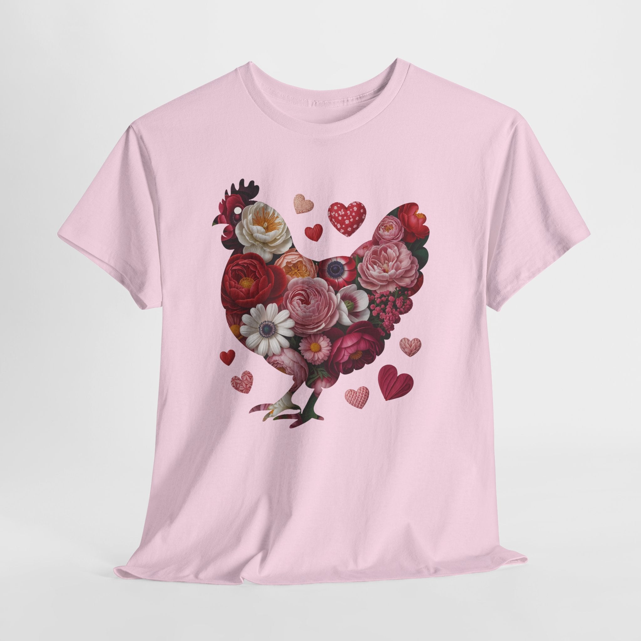 Floral Chicken Heart Tee — Red & Pink Flower Silhouette Unisex Cotton Tee