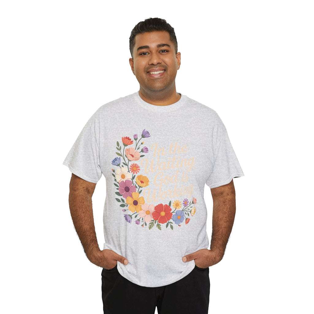 Pastel Floral “In the Waiting God Is Working” Unisex Cotton T-Shirt