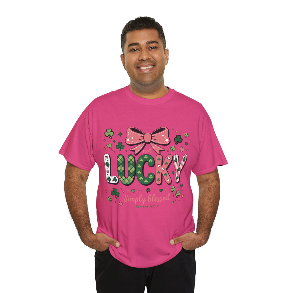 Simply Blessed Tee — “Not Lucky, Simply Blessed” with Pastel Bow, Clovers & Romans 4:7-8 Unisex Cotton Tee