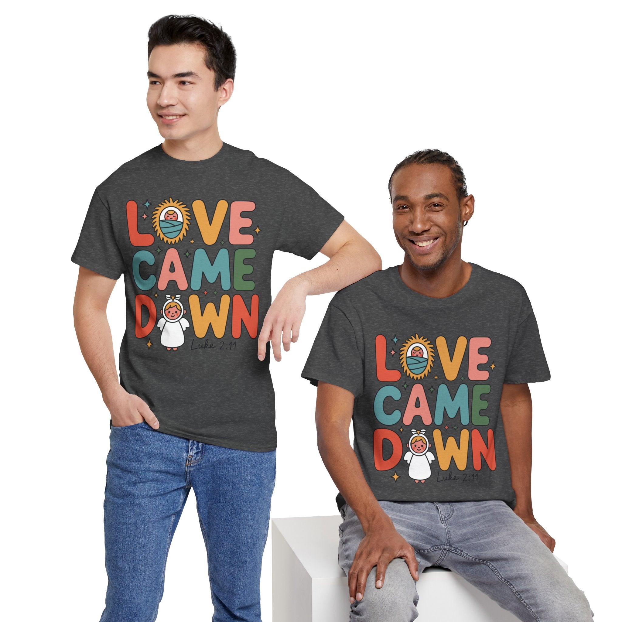 Love Came Down Christmas Tee — Baby Jesus Manger Angel (Luke 2:11)..Unisex Cotton Tee