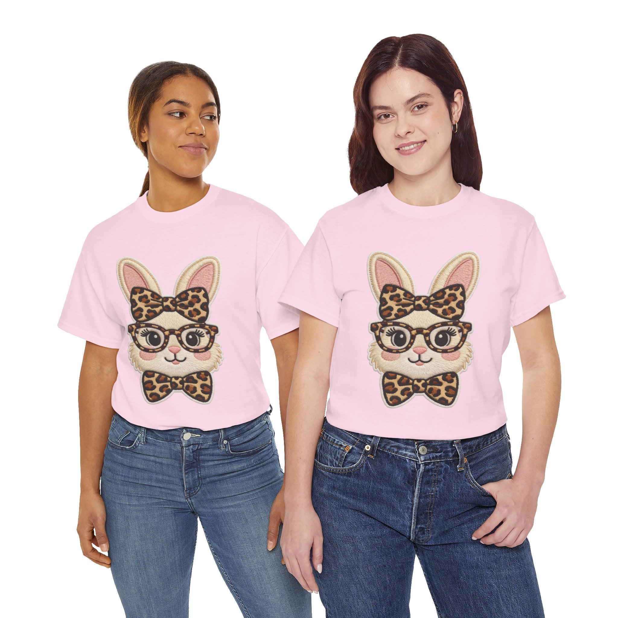 Leopard Bow Bunny Embroidered Tee — Cute Bunny Face with Glasses Patch Unisex Cotton Tee