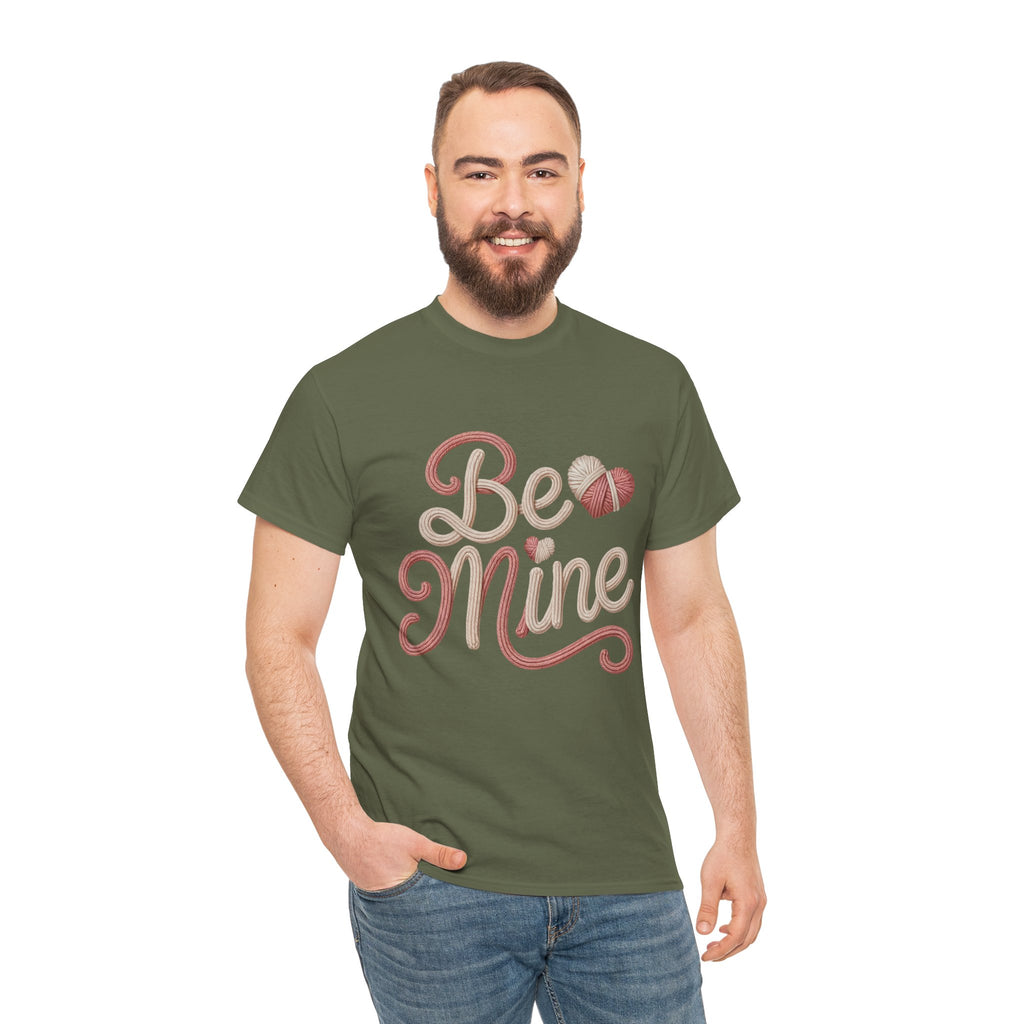 Be Mine Yarn Heart T-Shirt — Valentine’s Faux-Yarn Pink & Cream Unisex Cotton Tee
