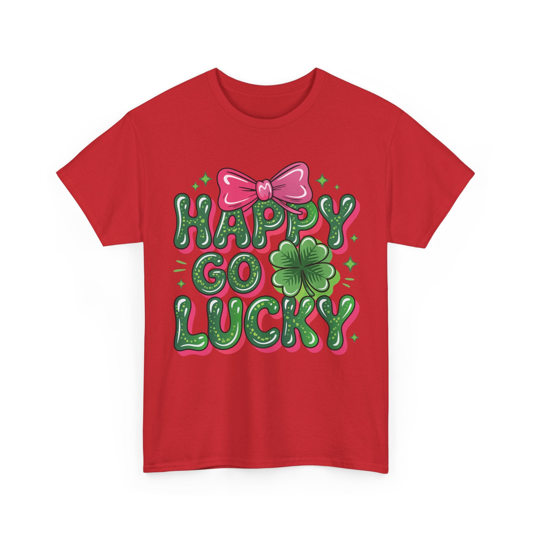 Happy Go Lucky Four-Leaf Clover Tee — Glossy Green Letters & Pink Bow Unisex Cotton Tee